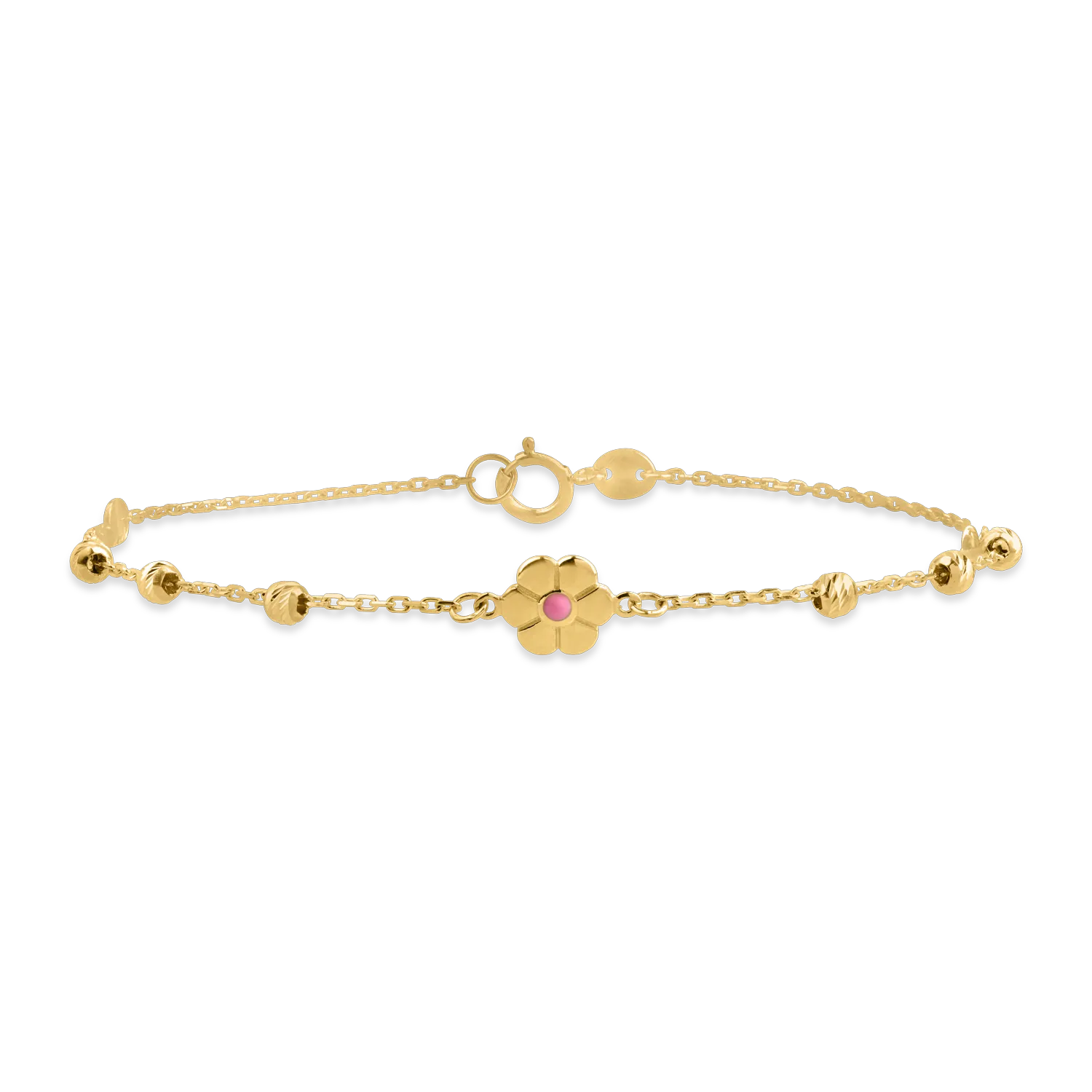 Yellow gold bracelet with beads and flower pendant