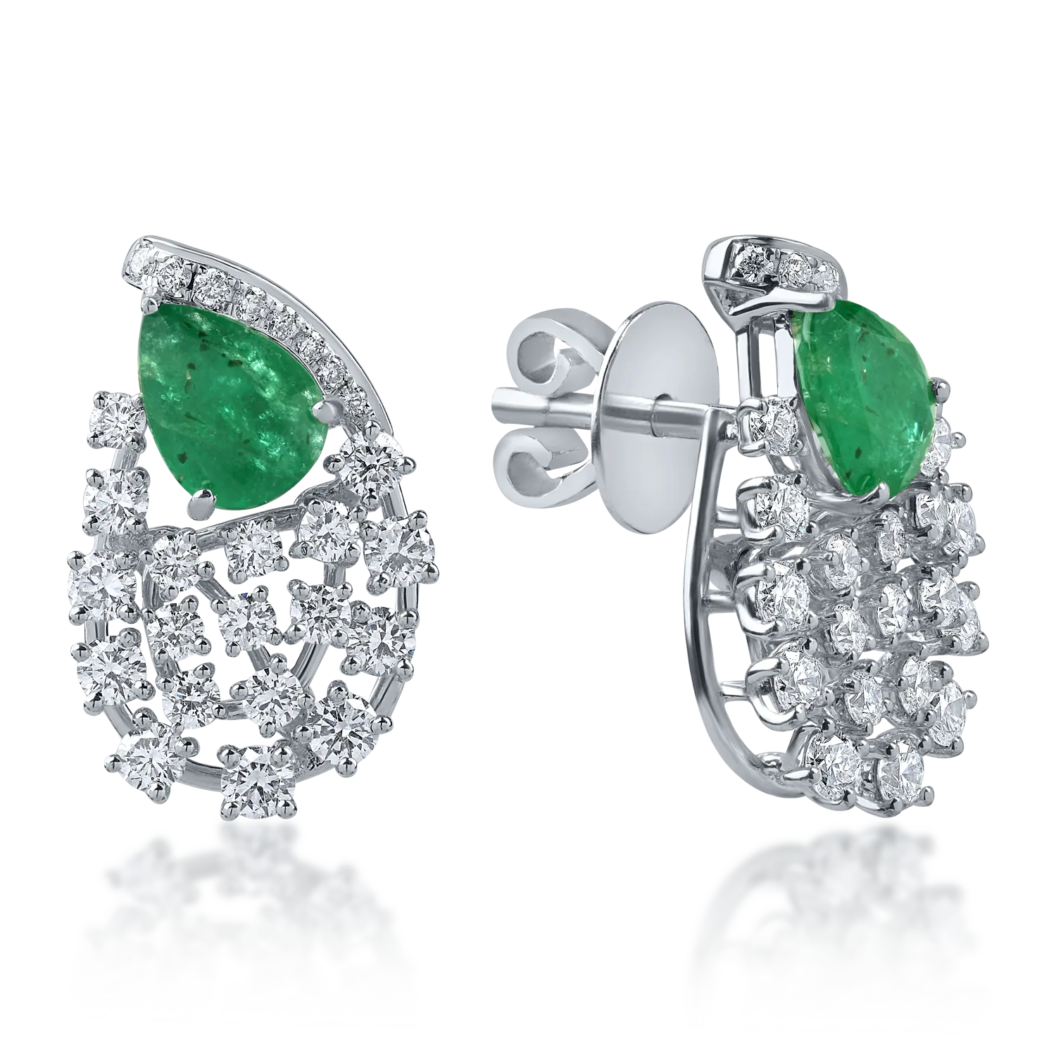 Cercei on-ear din aur alb cu smaralde de 1.58ct si diamante de 1.54ct