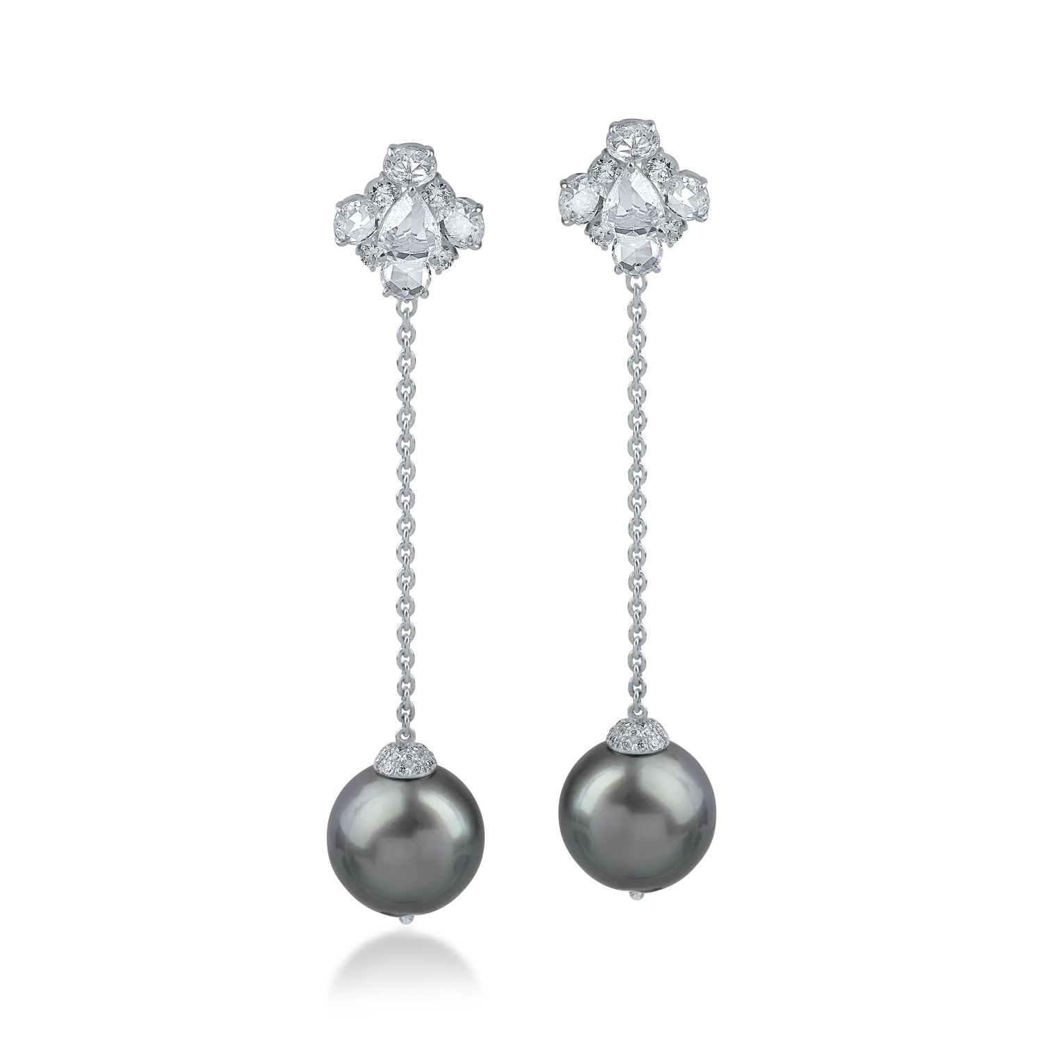 Cercei lungi din aur alb cu perle de cultura de 19.2ct si diamante de 1.8ct-170923