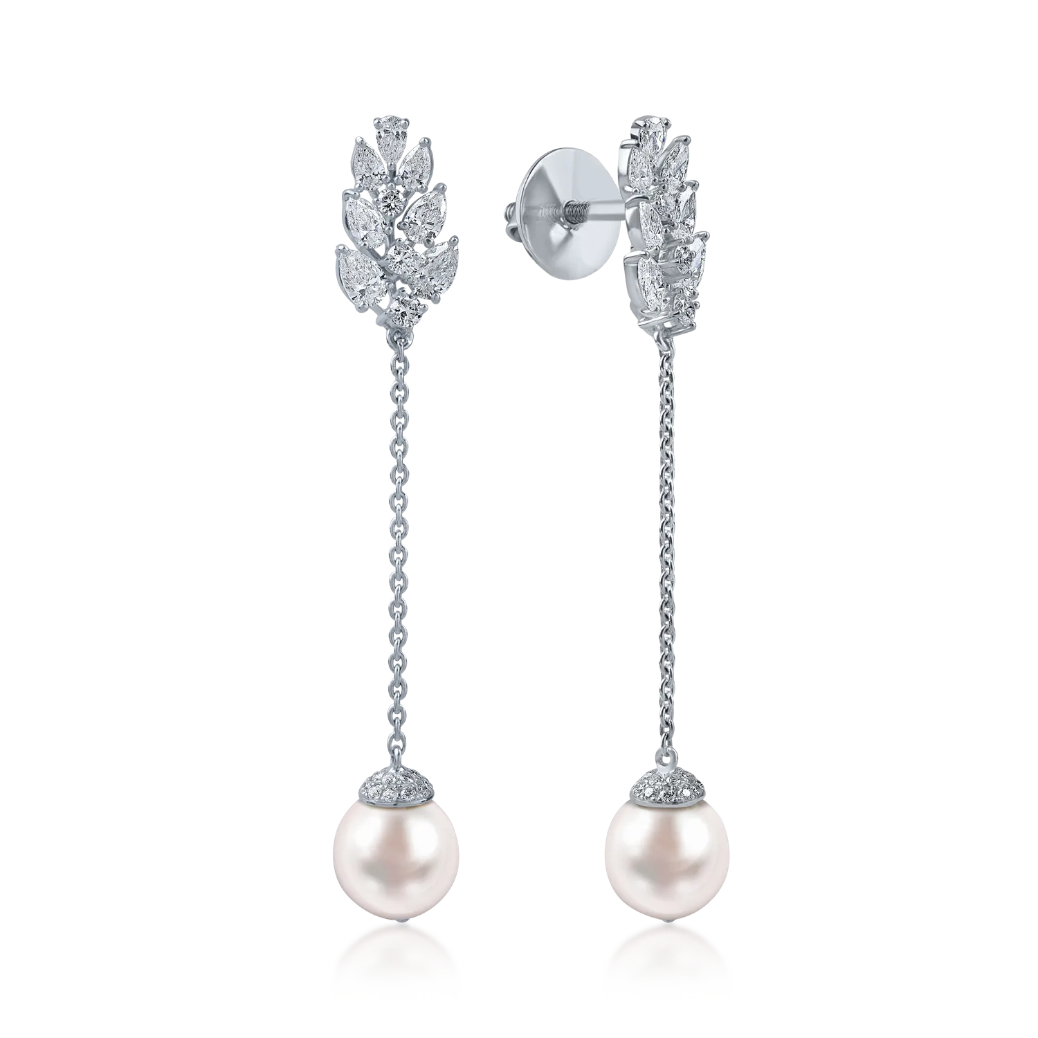 White gold long earrings with 10.8ct fresh water pearls and 1.88ct diamonds