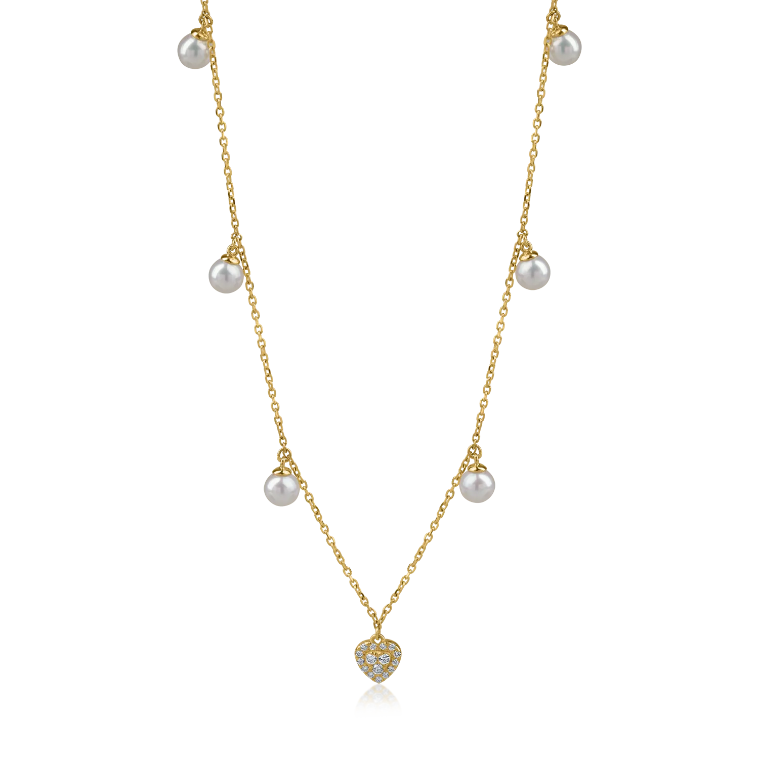 Yellow gold charm necklace with 4.79ct fresh water pearls and 0.09ct diamonds