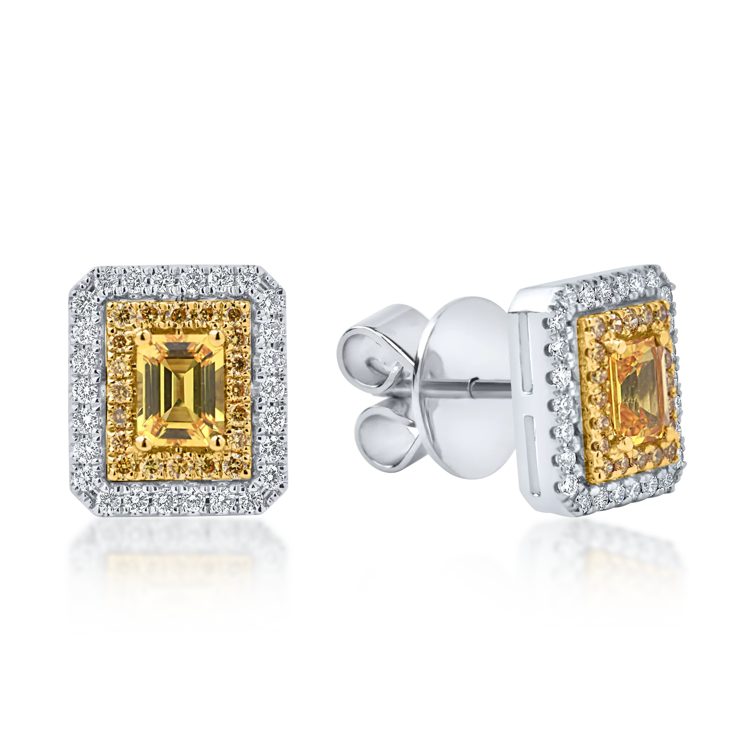 Cercei din aur alb-galben cu safire galbene octogonale de 0.77ct si diamante de 0.42ct