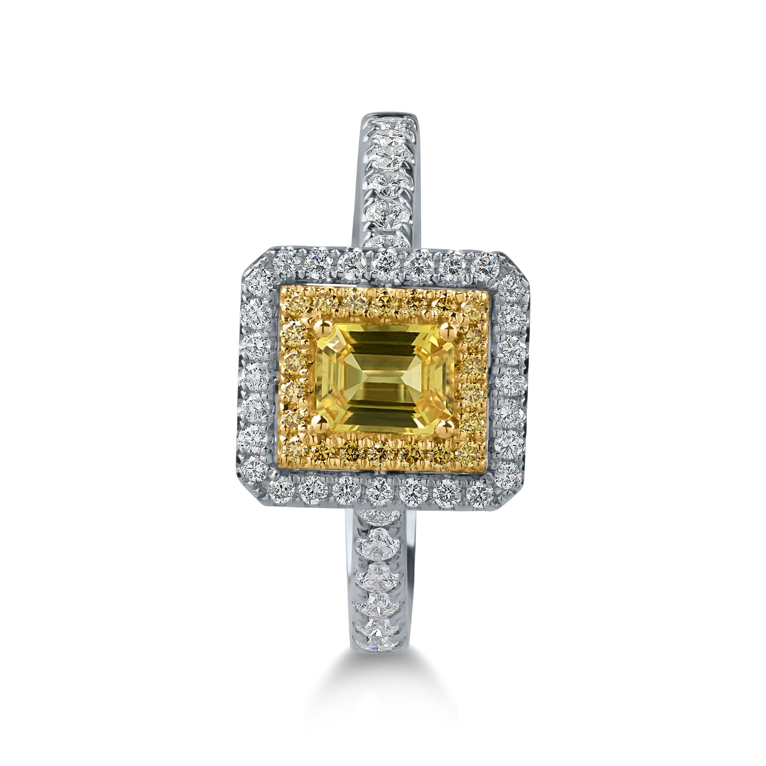Inel din aur alb-galben cu safir galben octogonal de 0.4ct si diamante de 0.4ct