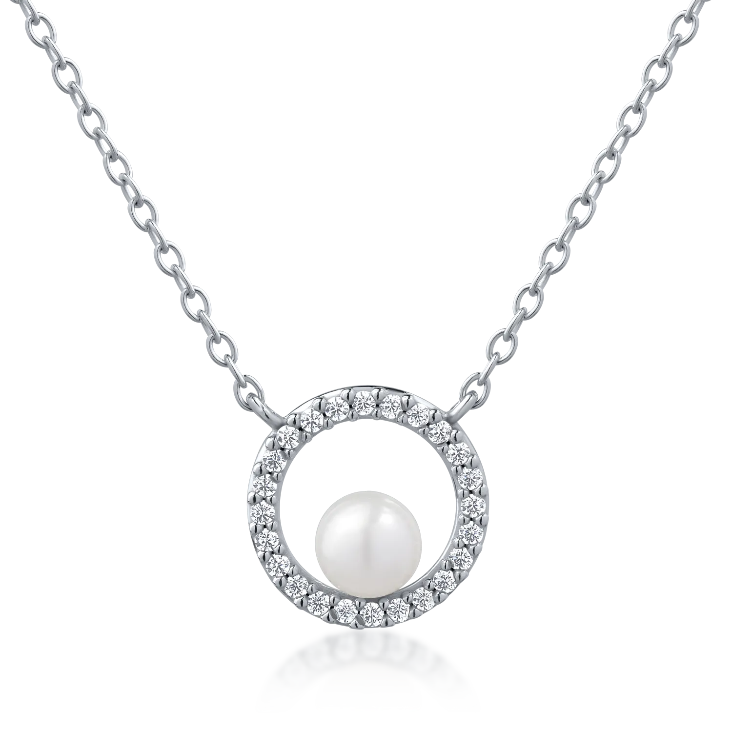 White gold round pendant necklace with synthetic pearl and zirconia