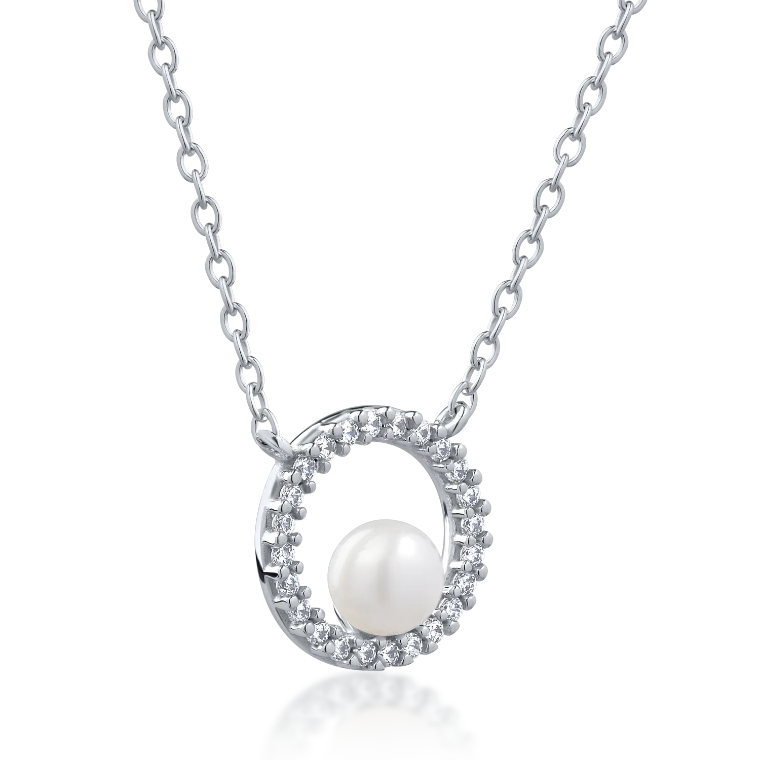 White gold round pendant necklace with synthetic pearl and zirconia