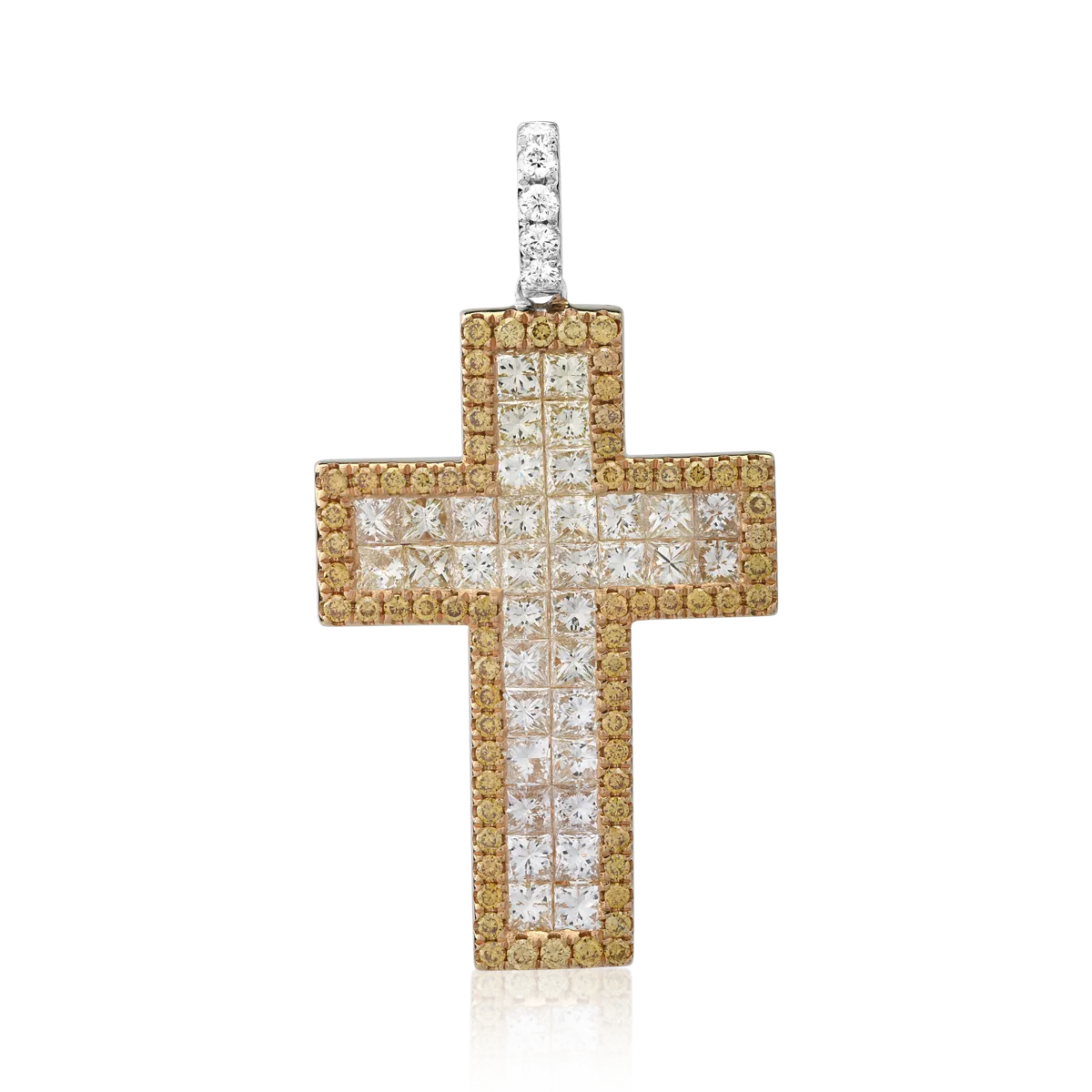 Pandantiv cruce din aur alb-galben cu diamante galbene de 0.5ct si diamante incolore de 2.3ct
