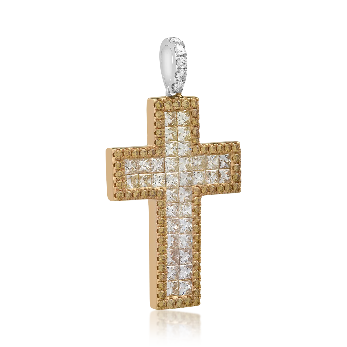 Pandantiv cruce din aur alb-galben cu diamante galbene de 0.5ct si diamante incolore de 2.3ct