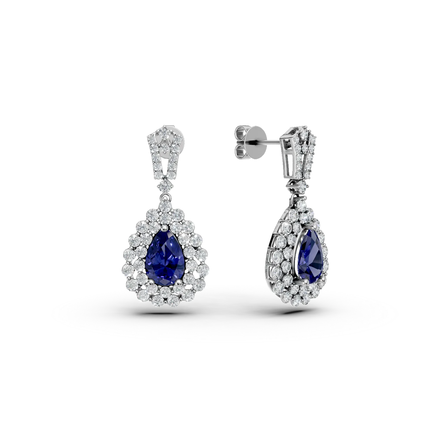 Cercei lacrima din aur alb cu safire ovale de 2.04ct si diamante round de 1.3ct
