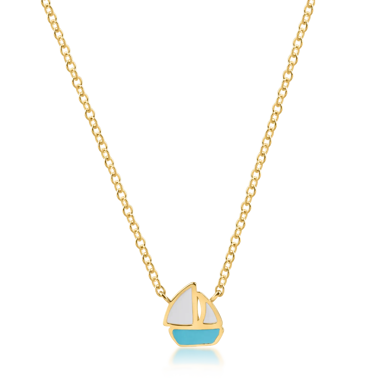 Yellow gold boat pendant necklace with white and turquoise inserts
