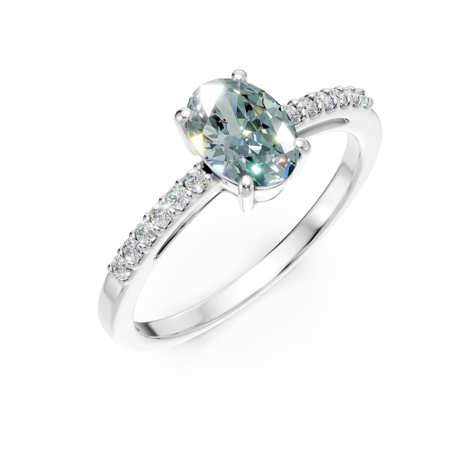 Inel din aur alb cu acvamarin oval de 0.6ct si diamante de 0.09ct