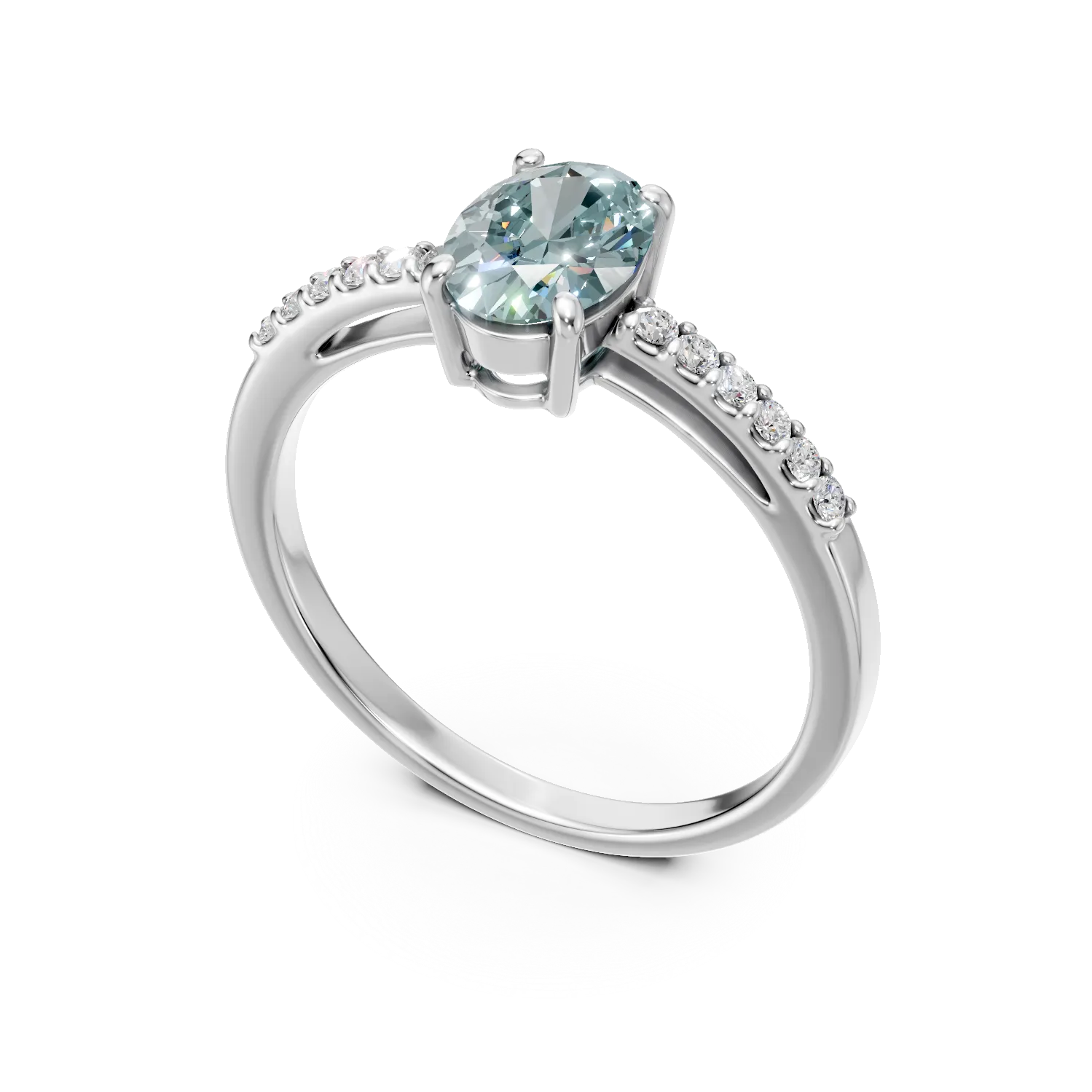 Pierscionek z bialego zlota z owalnym akwamarynem 0.6ct i diamentami 0.09ct