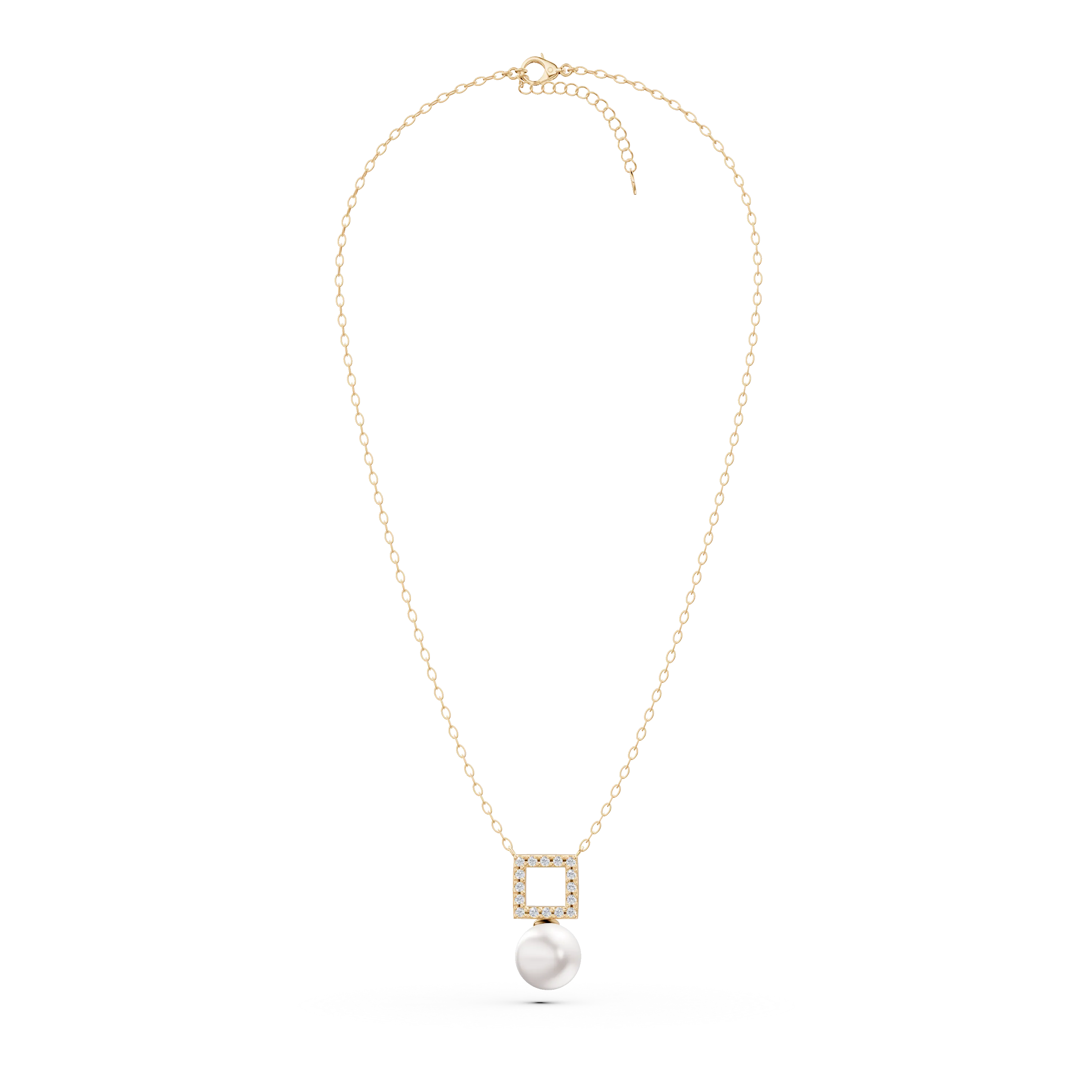 Yellow gold geometric pendant necklace with zirconia and synthetic pearl