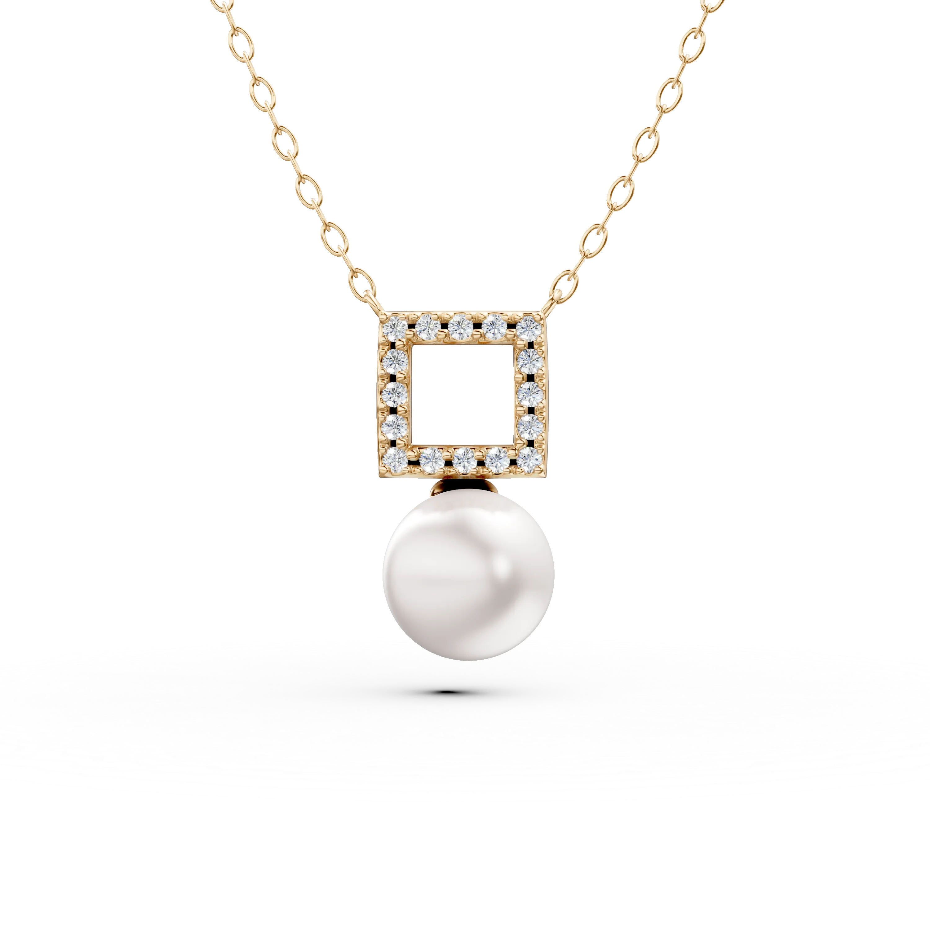 Yellow gold geometric pendant necklace with zirconia and synthetic pearl