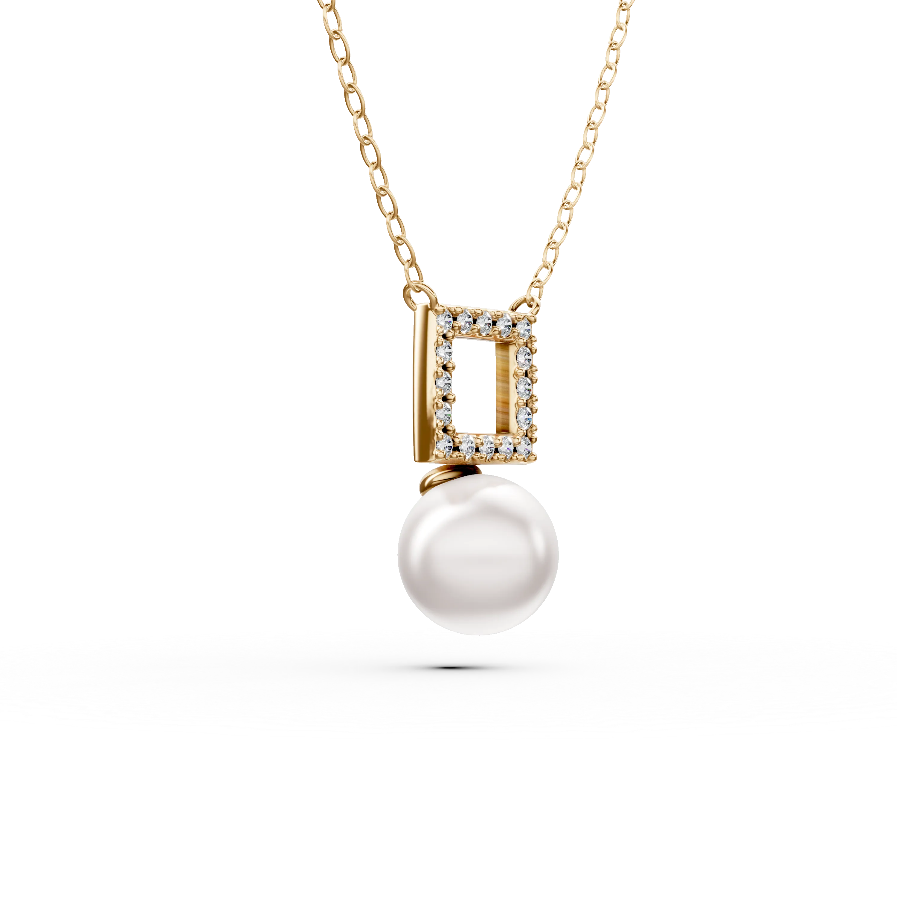 Yellow gold geometric pendant necklace with zirconia and synthetic pearl