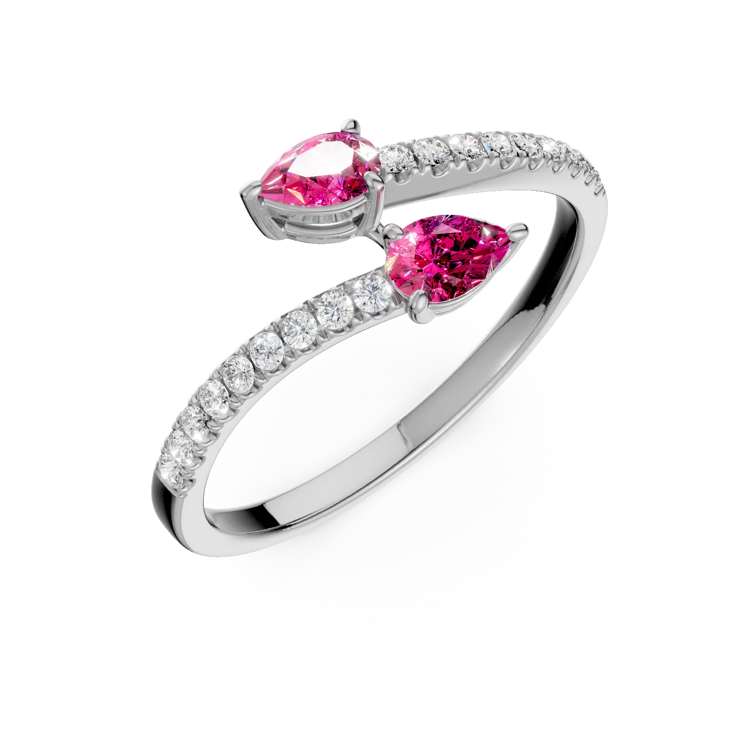 Inel deschis din aur alb cu rubine pear de 0.3ct si diamante de 0.1ct