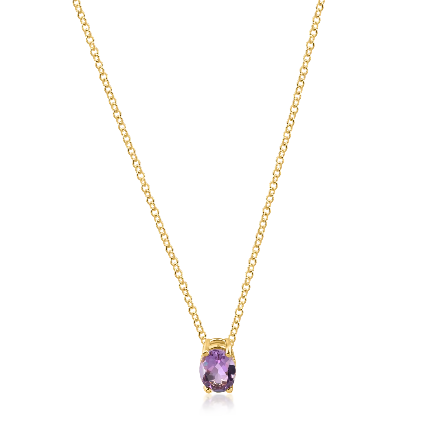 Yellow gold minimalist pendant necklace with purple solitaire zirconia