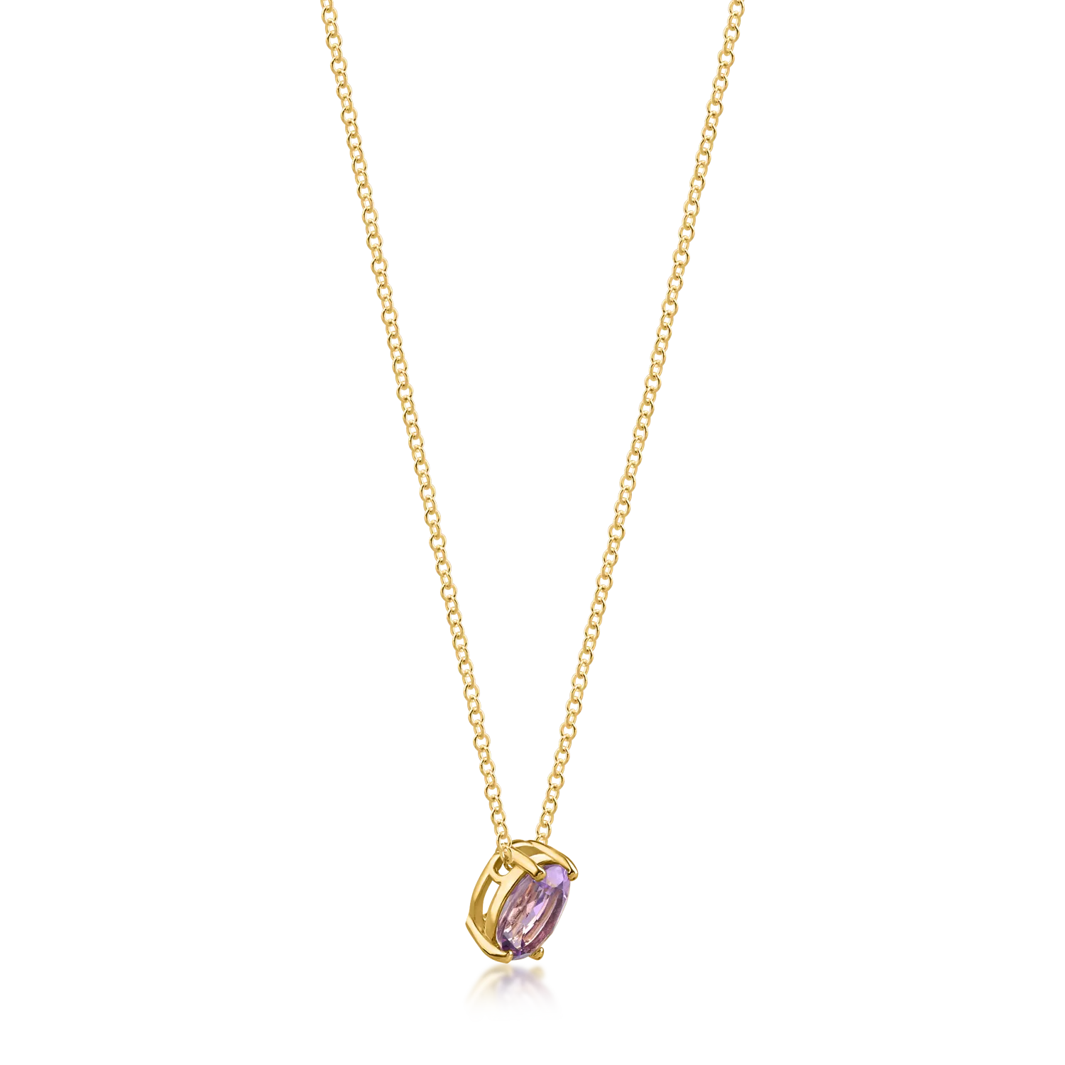 Yellow gold minimalist pendant necklace with purple solitaire zirconia