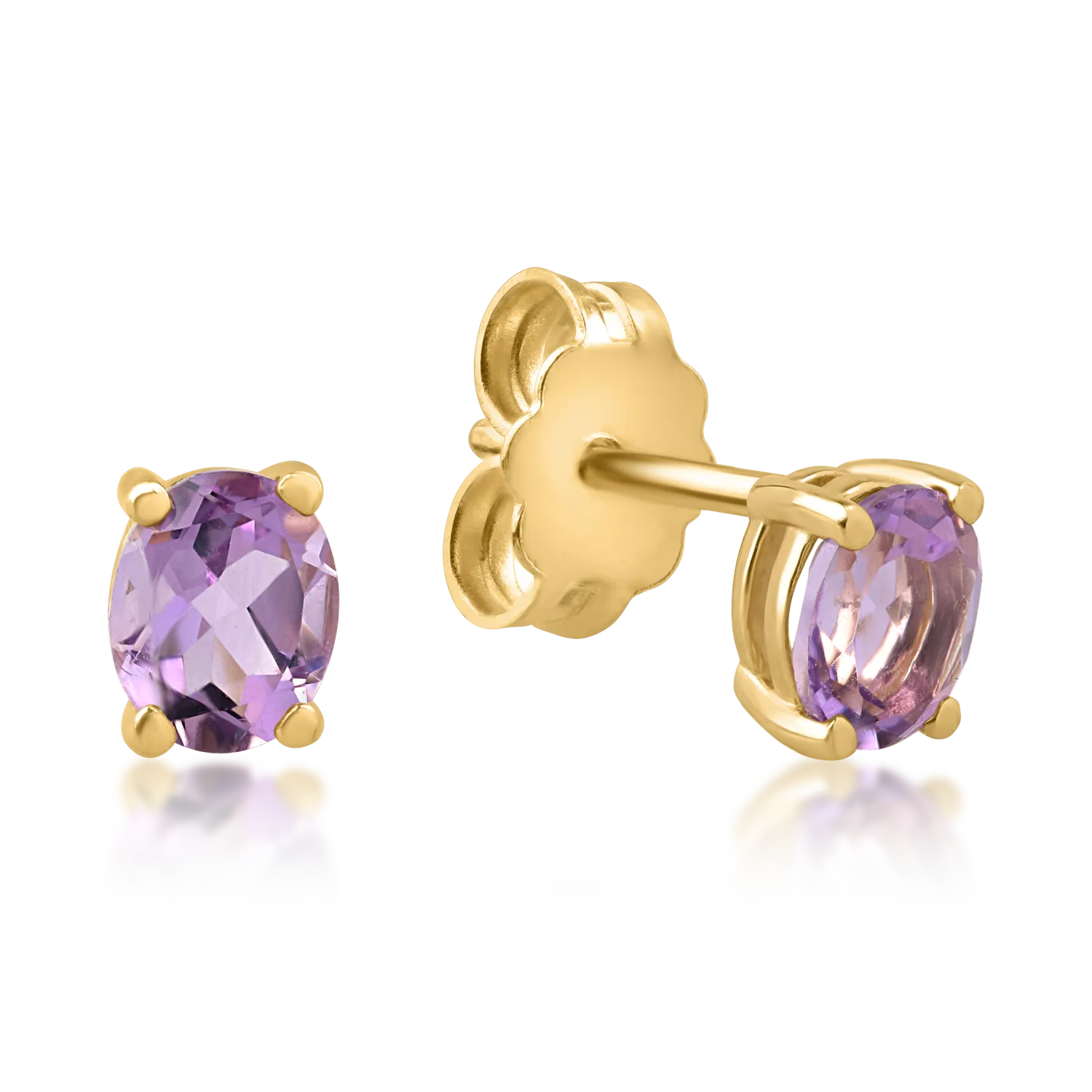 Yellow gold minimalist earrings with purple solitaire zirconia