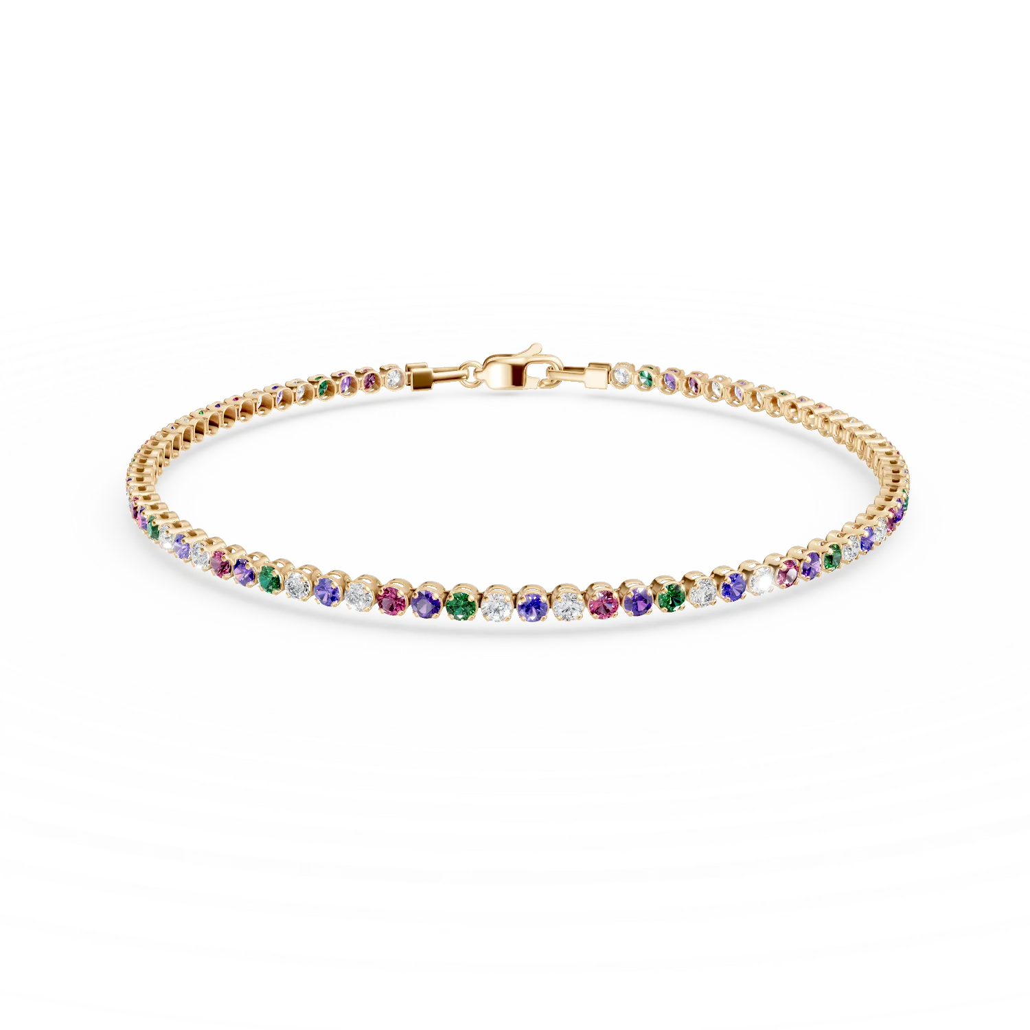 Yellow gold tennis bracelet with multicolored zirconia