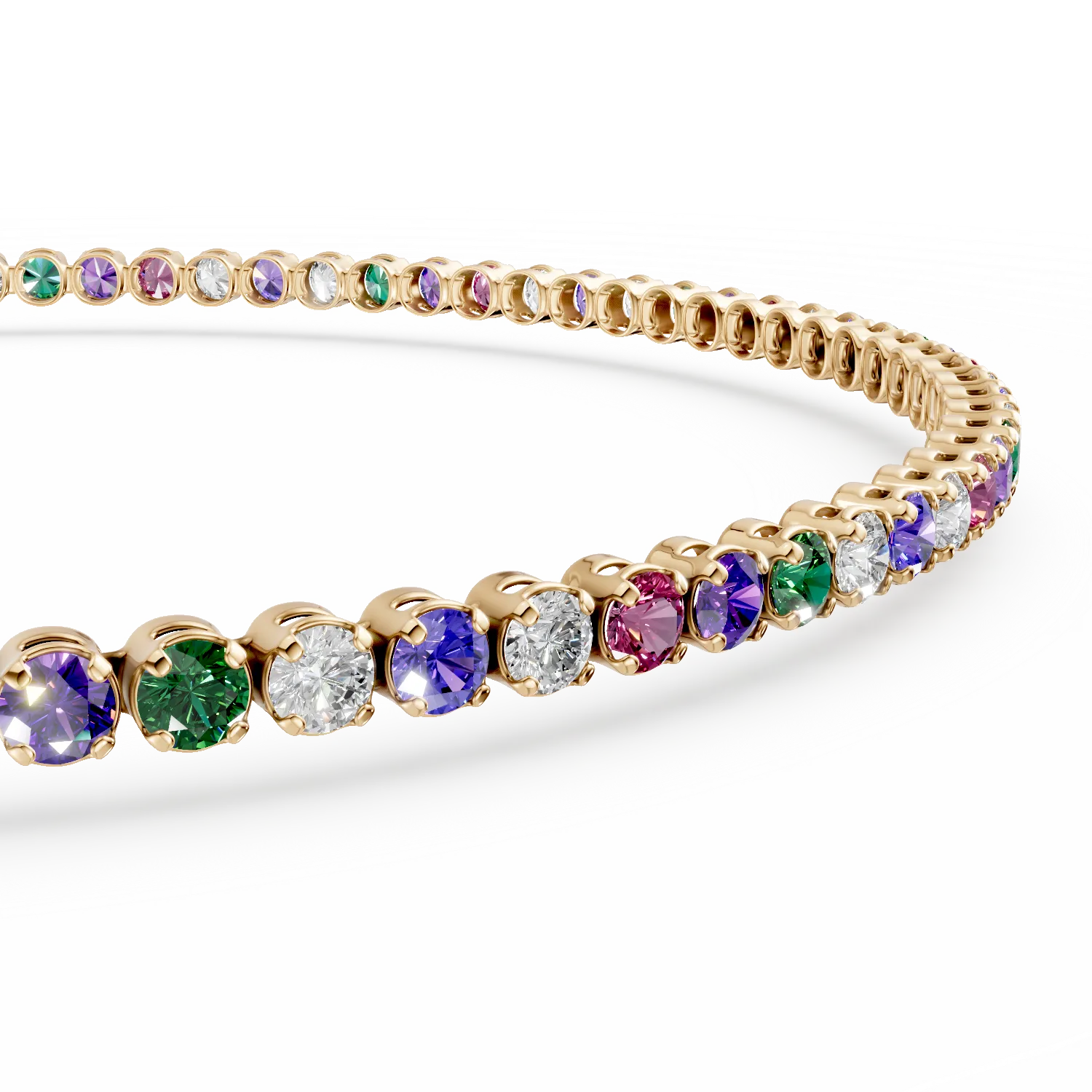 Yellow gold tennis bracelet with multicoloured zirconia