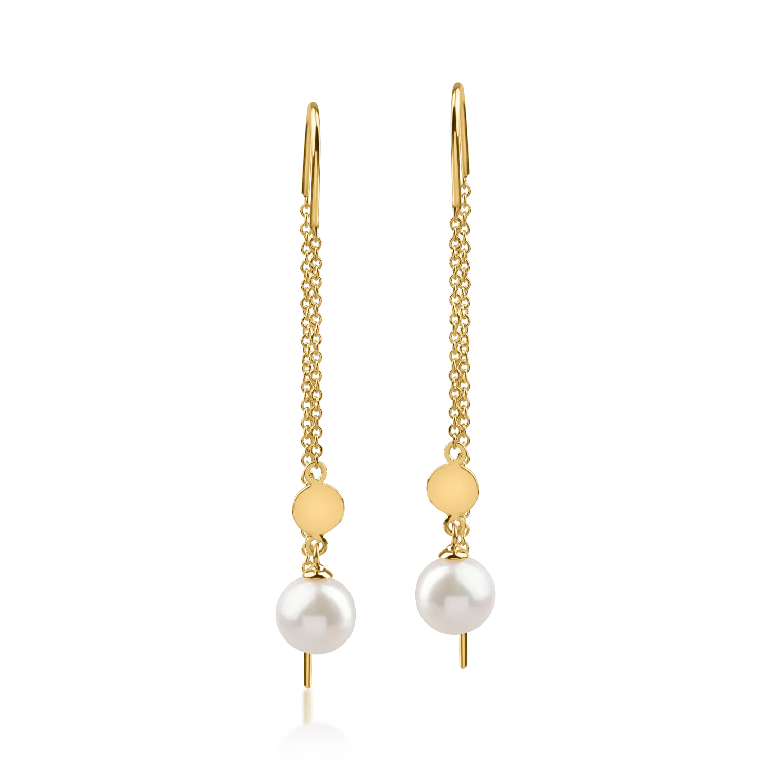 Yellow gold long earrings with synthetic pearls