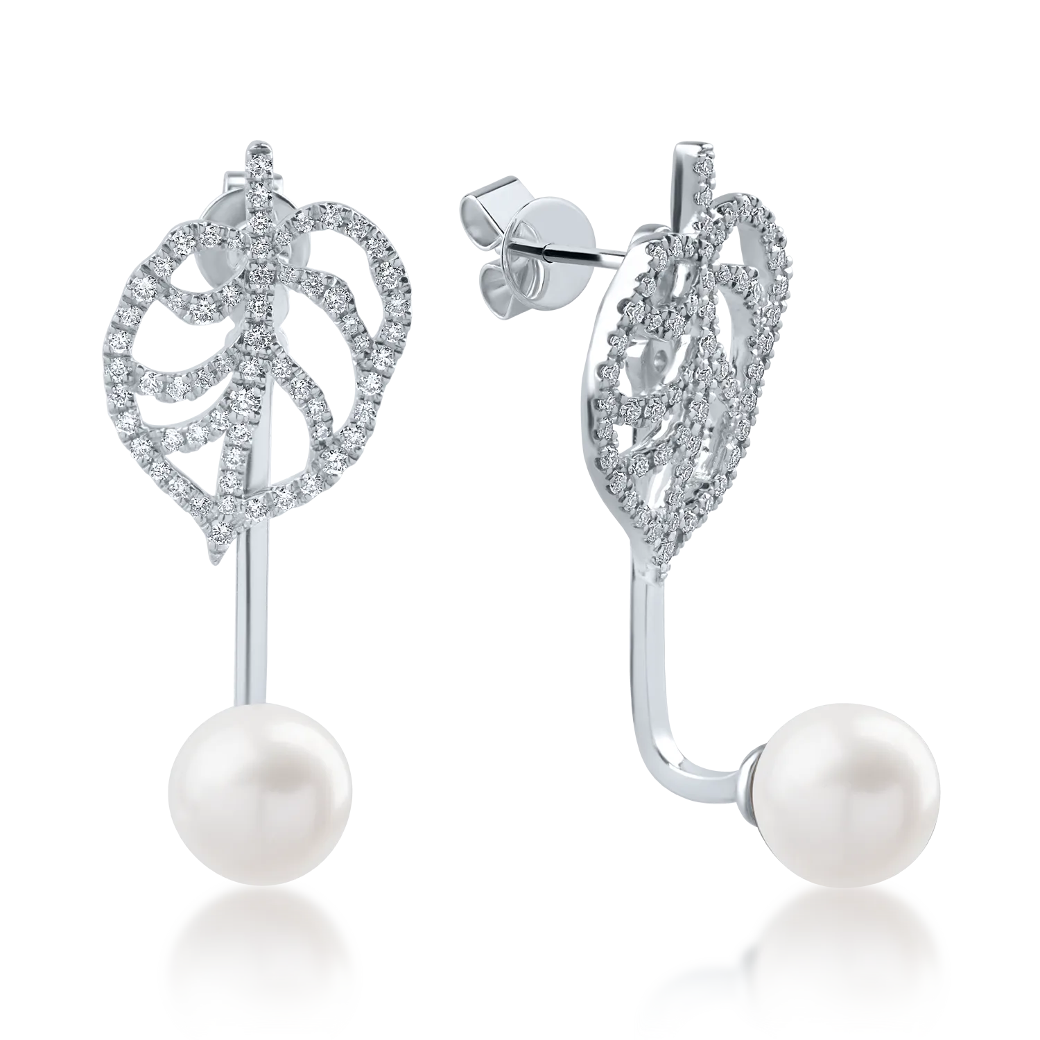 Cercei din aur alb cu perle de cultura de 7.5ct si diamante de 0.6ct