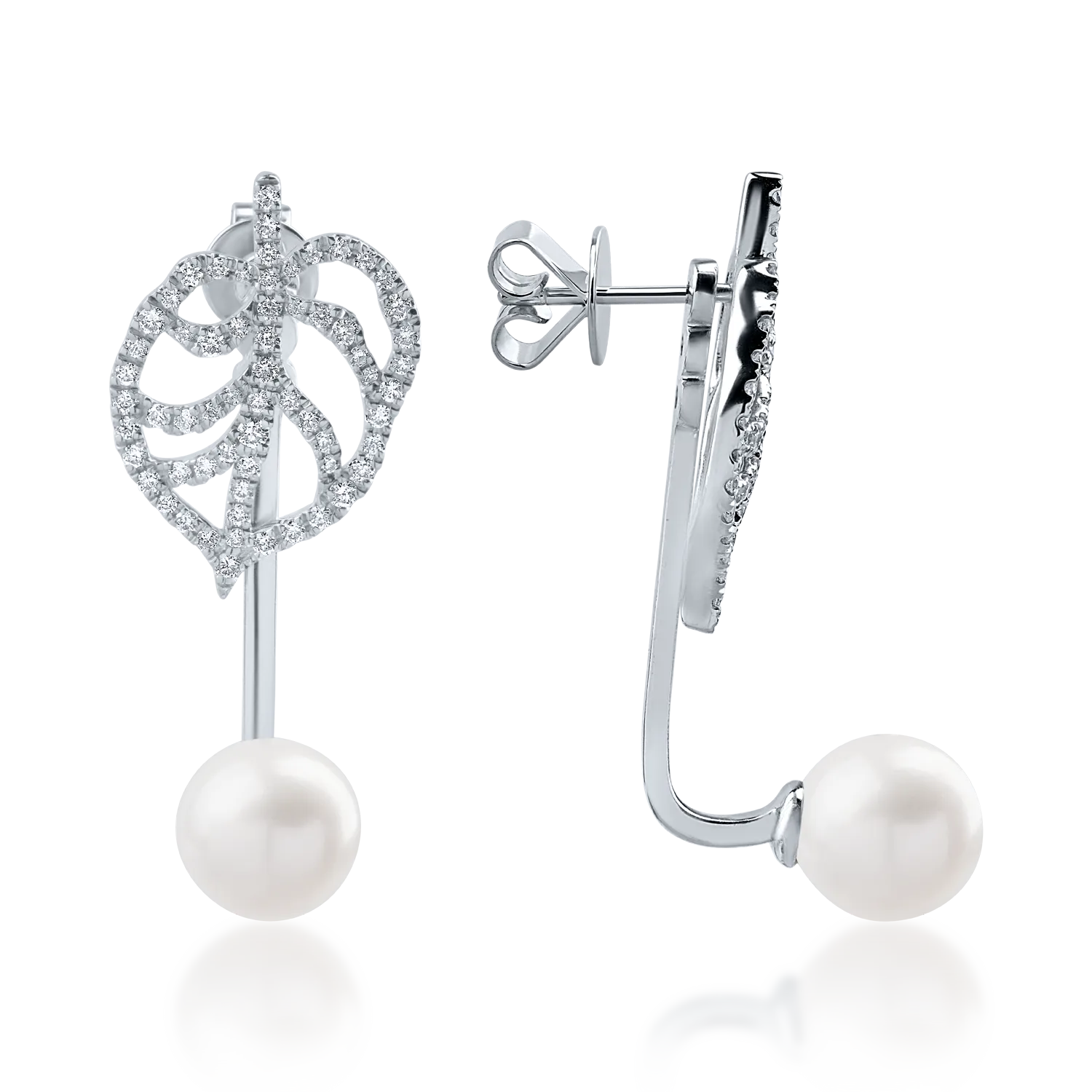 Cercei din aur alb cu perle de cultura de 7.5ct si diamante de 0.6ct