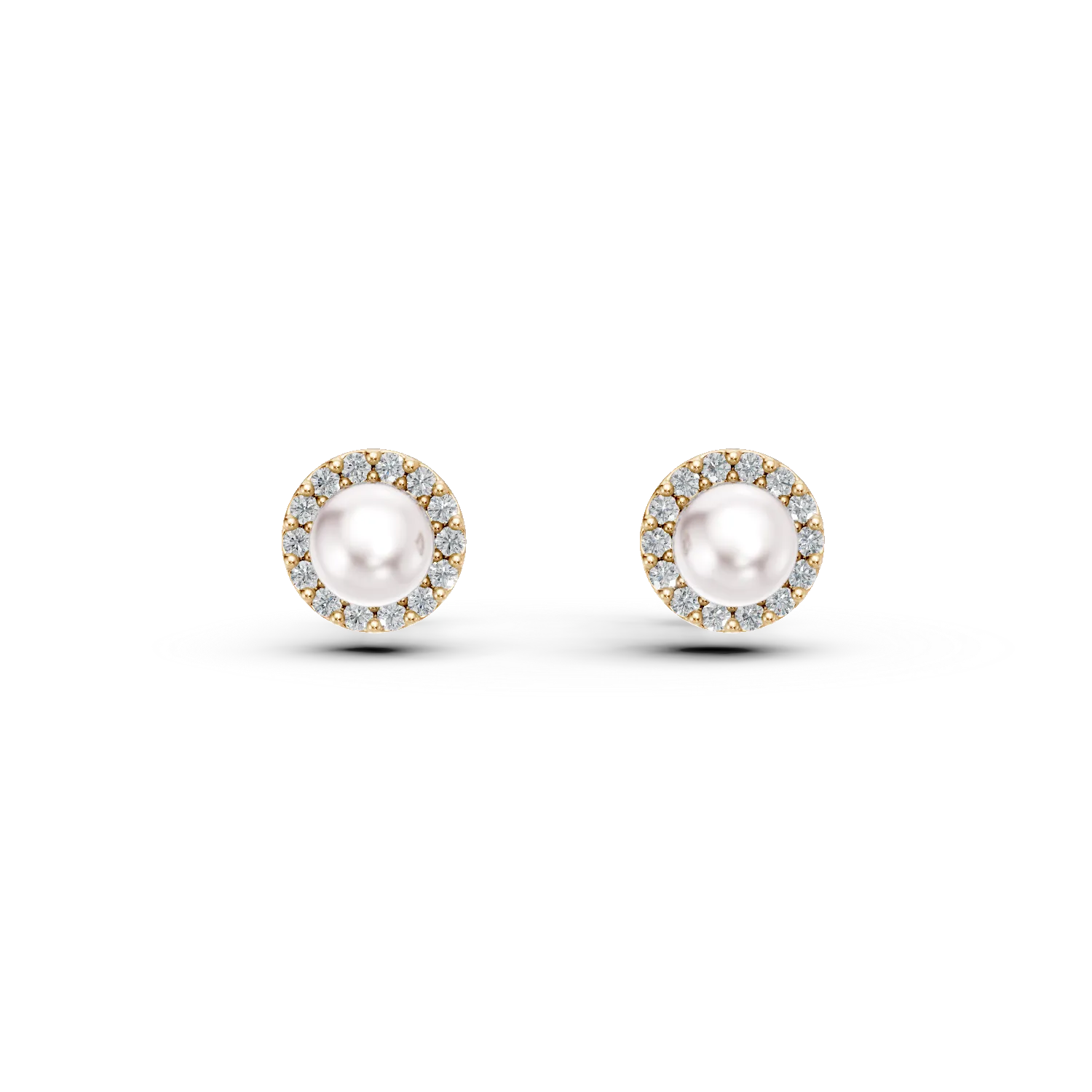 Yellow gold minimalist earrings with synthetic pearls and zirconia