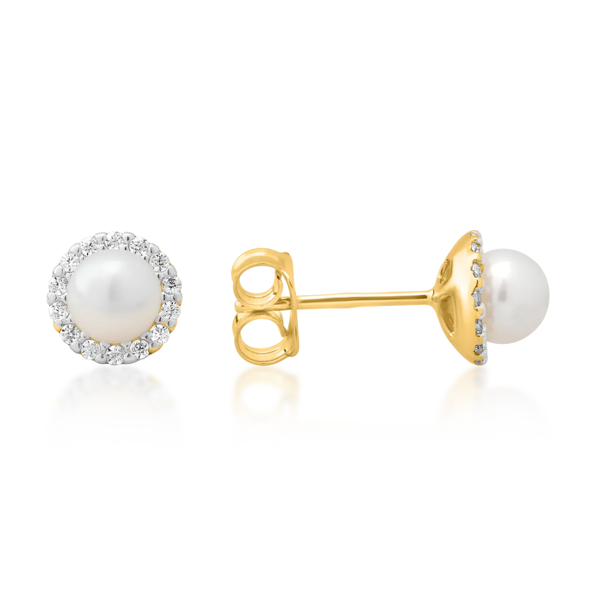Минималистични обеци от жълто злато със синтетични перли и цирконий