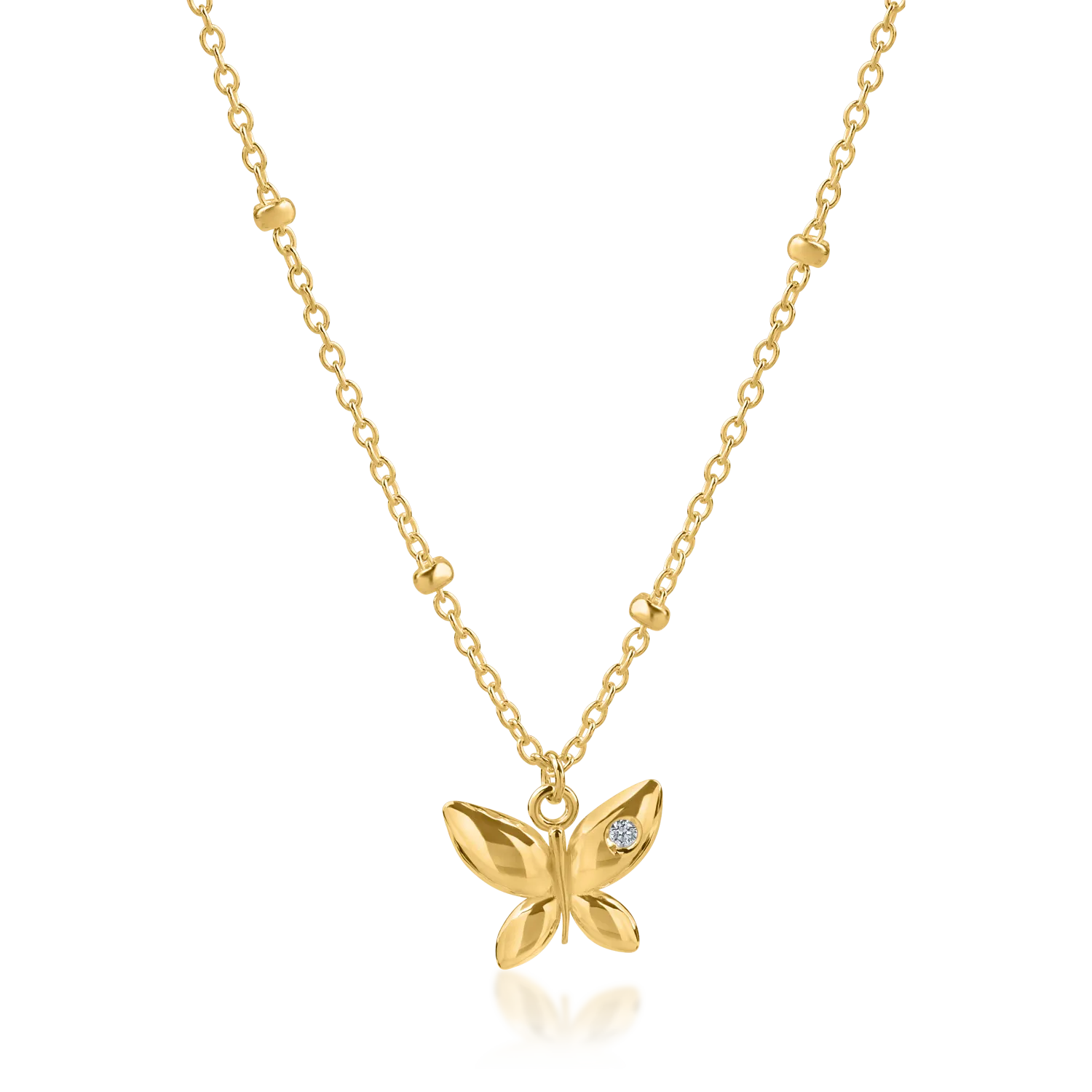 Yellow gold butterfly pendant necklace with 0.006ct diamond