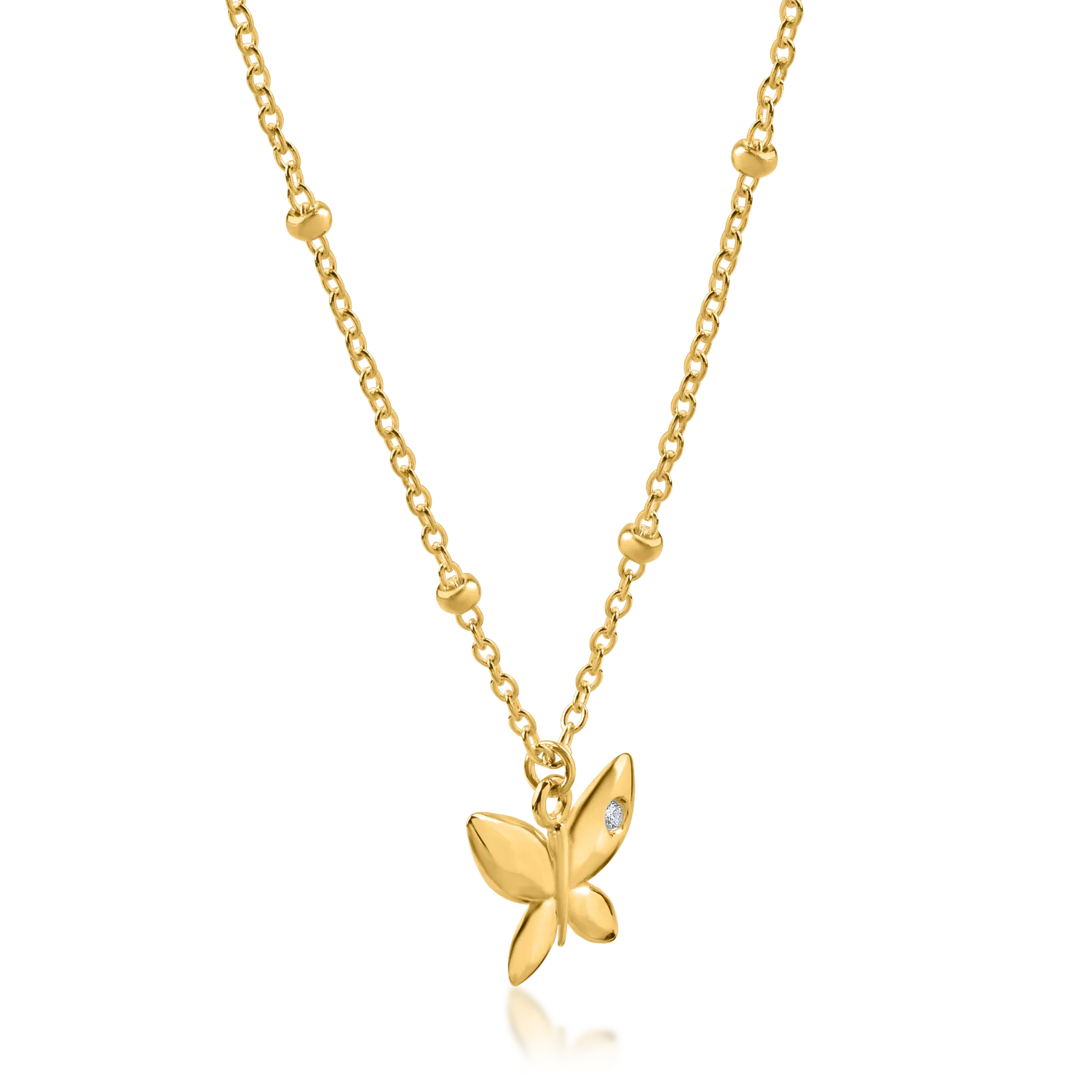 Yellow gold butterfly pendant necklace with 0.006ct diamond