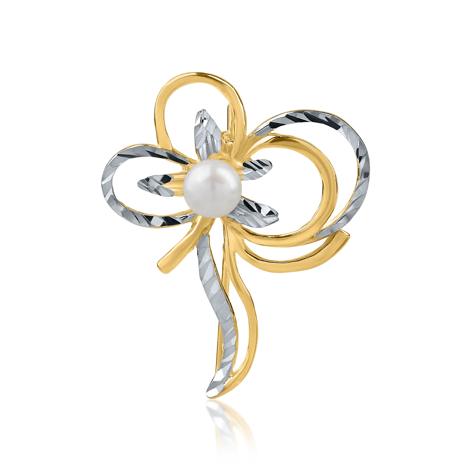 Broszka kwiatowa z biało-żółtego złota z syntetyczną perłą