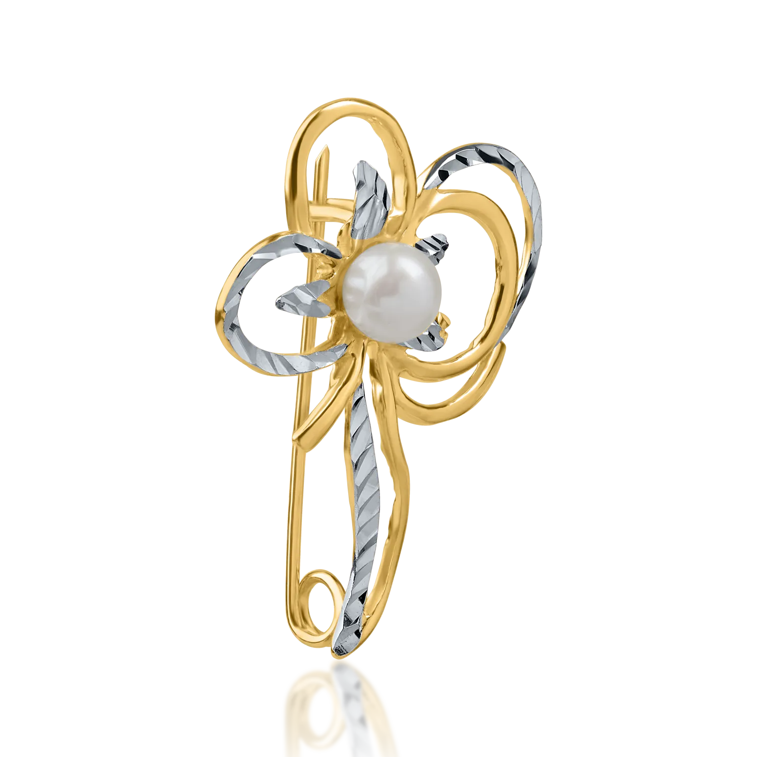 Broszka kwiatowa z biało-żółtego złota z syntetyczną perłą