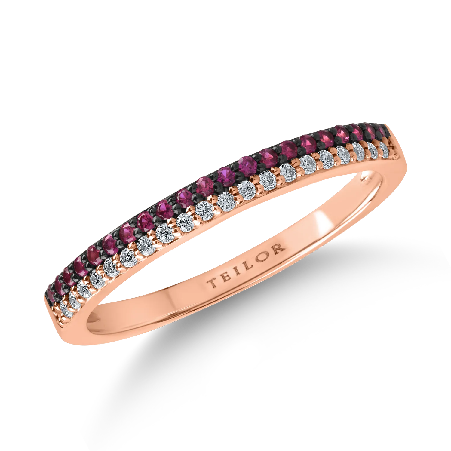 Half eternity ring in rose gold with 0.12ct rubies and 0.1ct diamonds