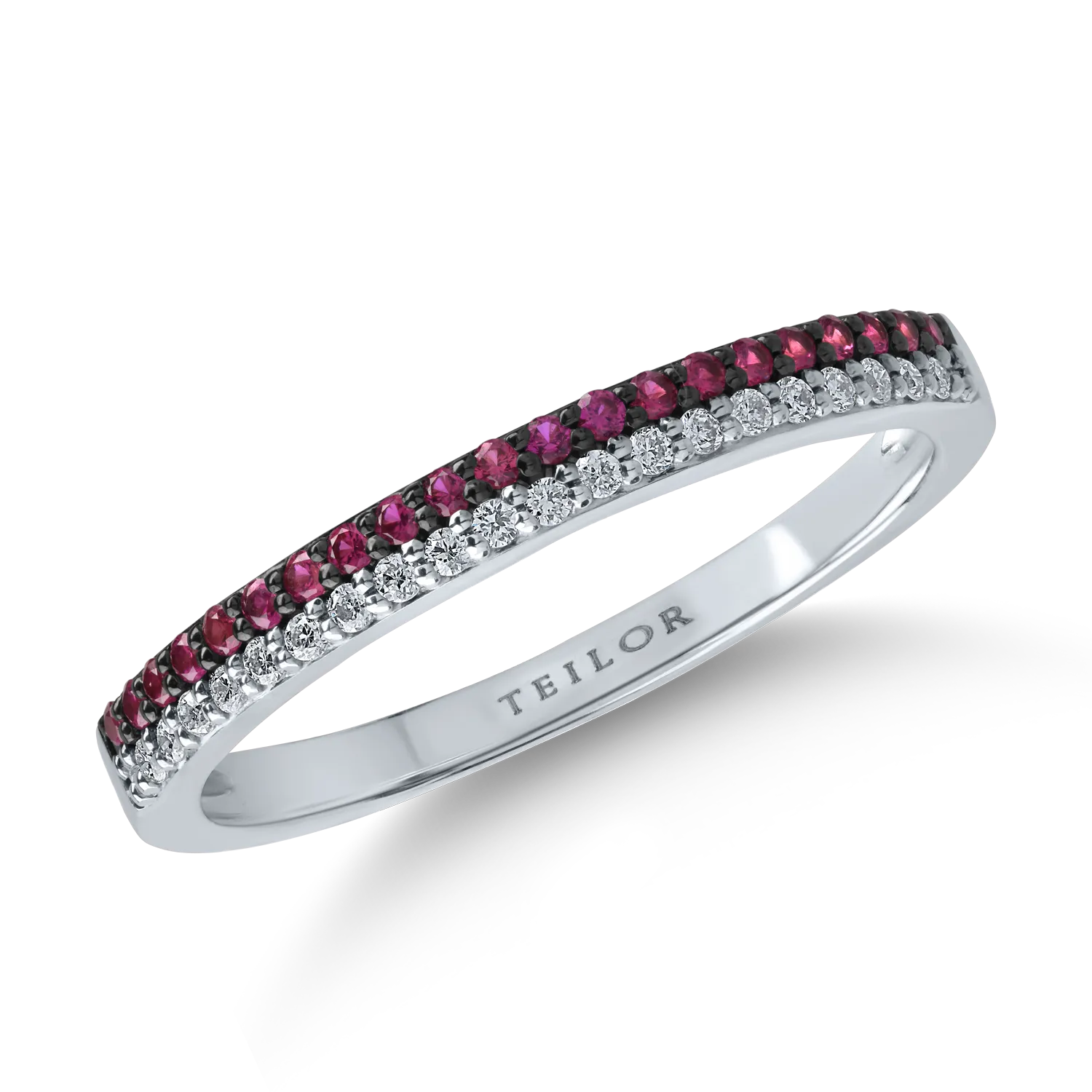 Inel semi eternity din aur alb cu rubine de 0.12ct si diamante de 0.1ct