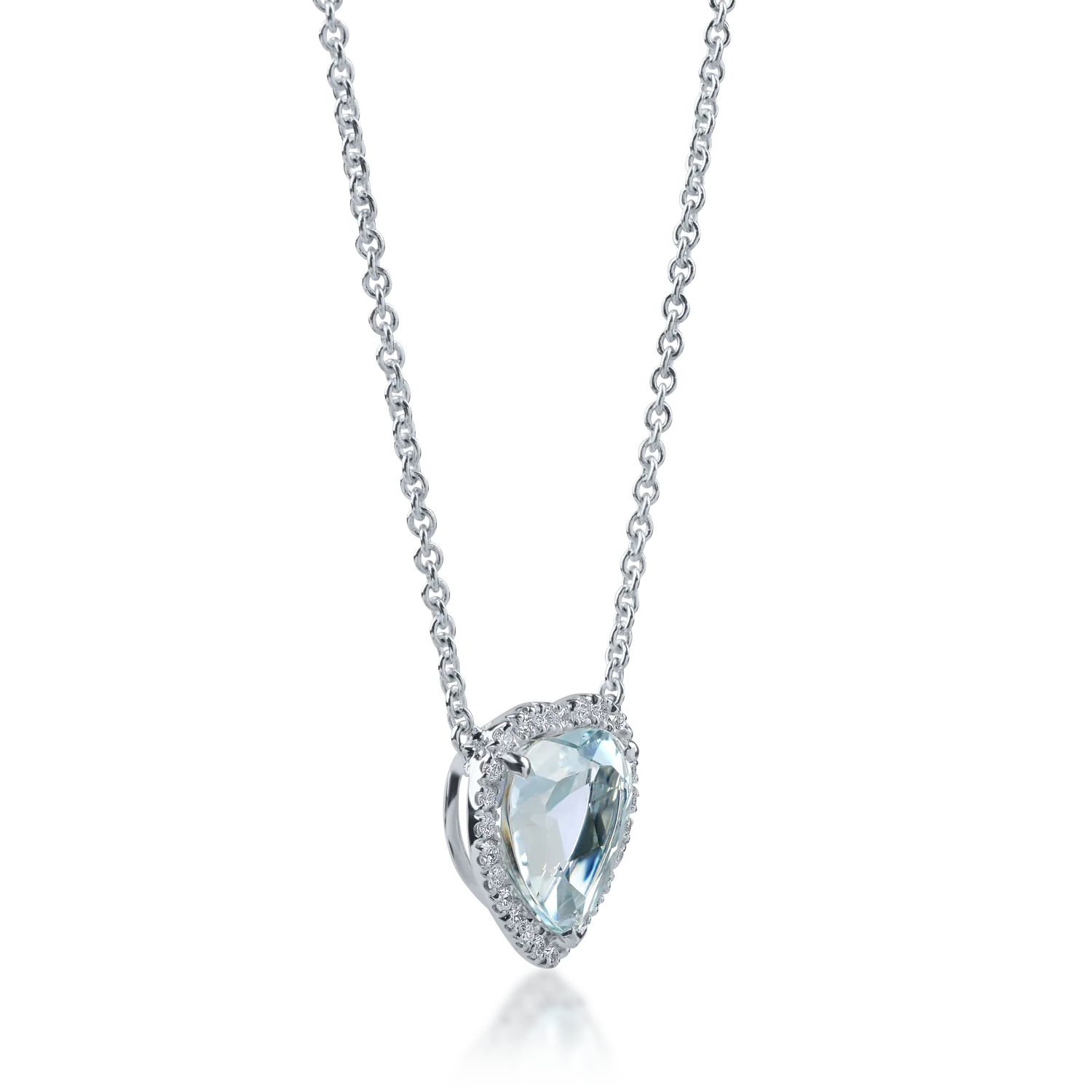 Lant cu pandantiv inima din aur alb cu acvamarin de 2.23ct si diamante de 0.18ct