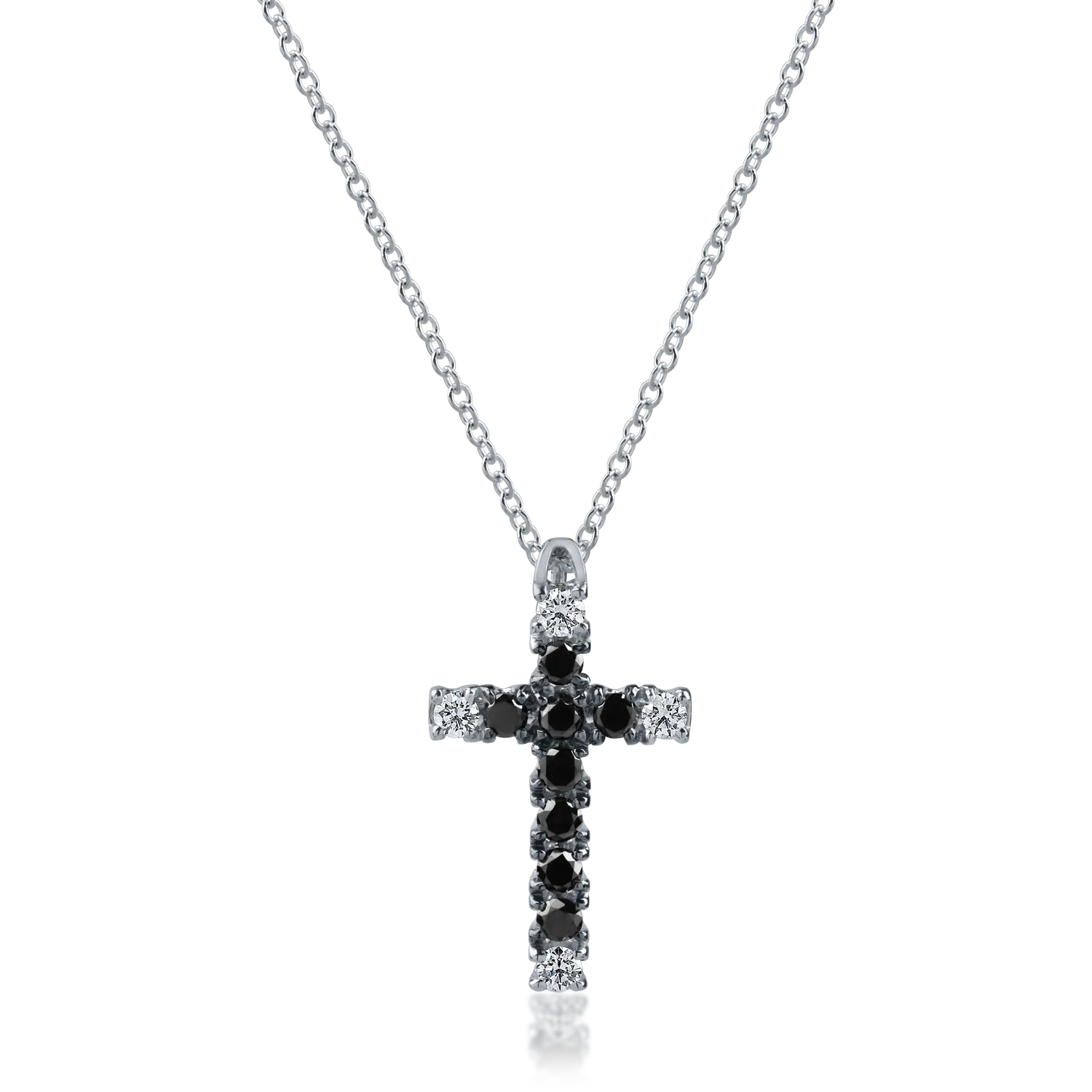 White gold cross pendant necklace with 0.28ct black diamonds and 0.12ct clear diamonds