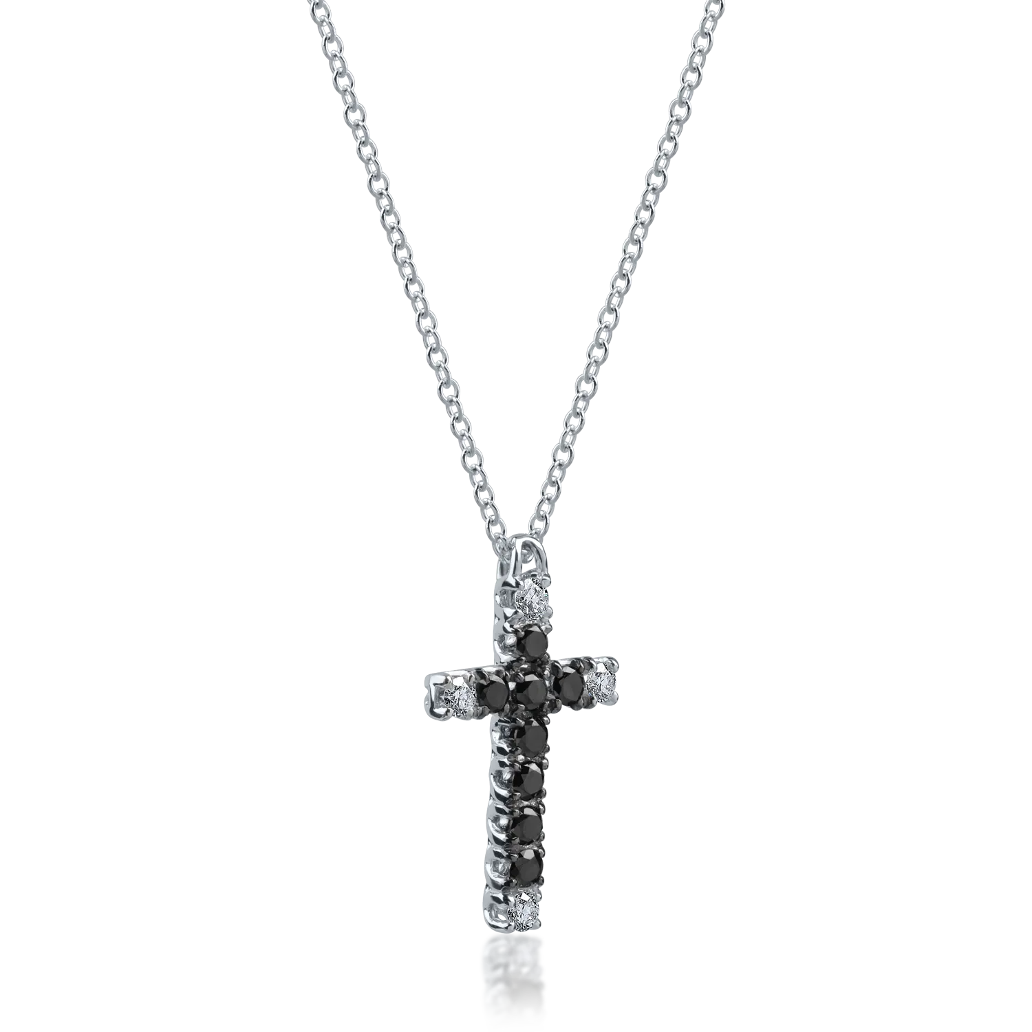 White gold cross pendant necklace with 0.28ct black diamonds and 0.12ct clear diamonds