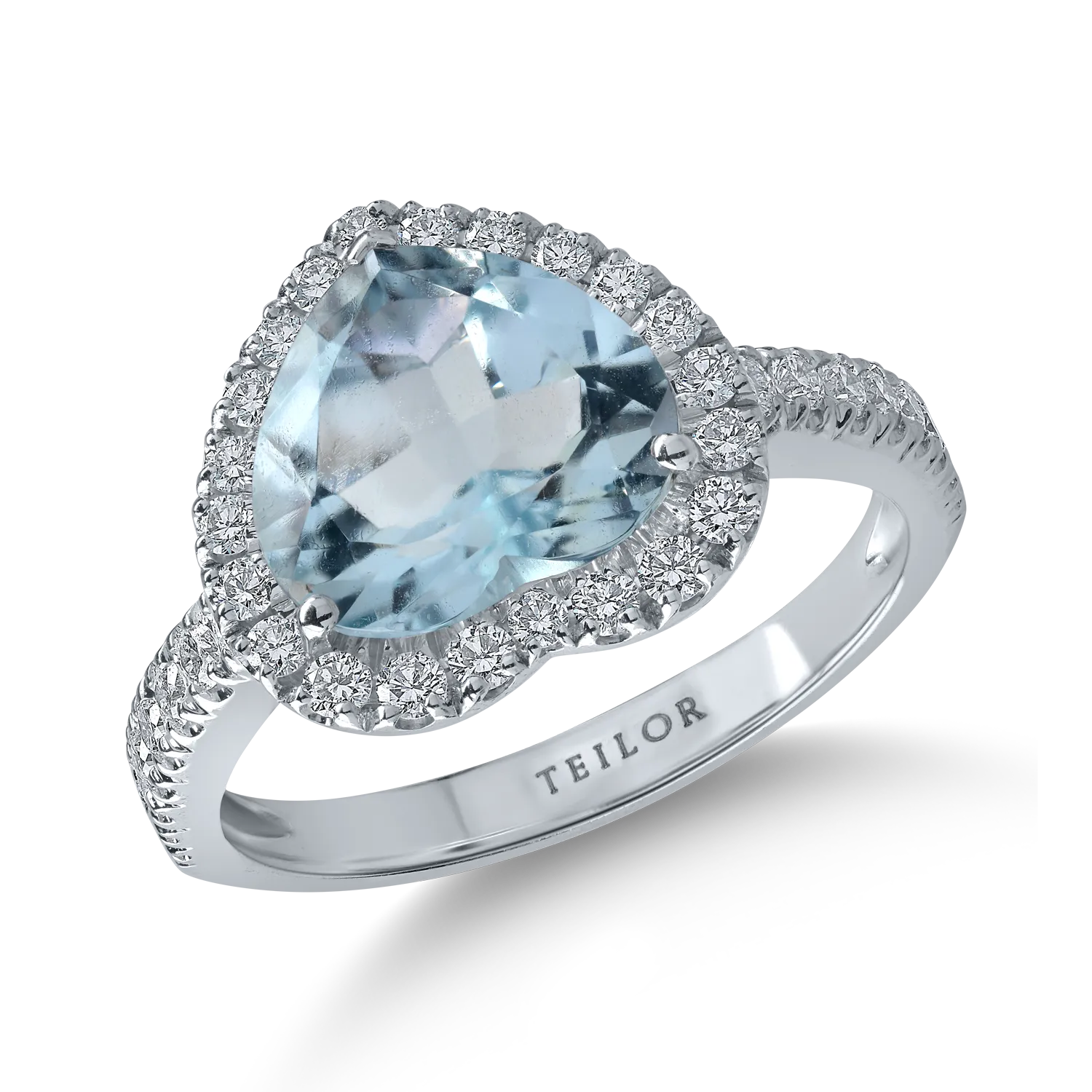 Fehérarany szívgyűrű 2.38ct akvamarinnal és 0.48ct gyémántokkal