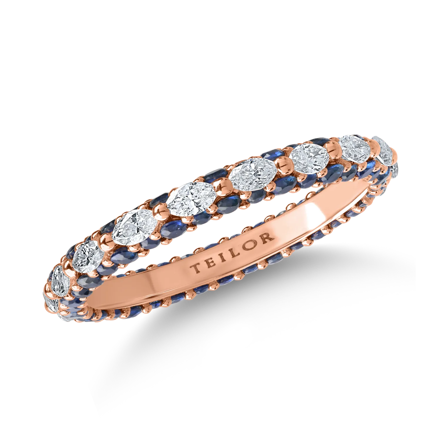 Eternity ring in rose gold with 0.66ct diamonds and 1ct emeralds