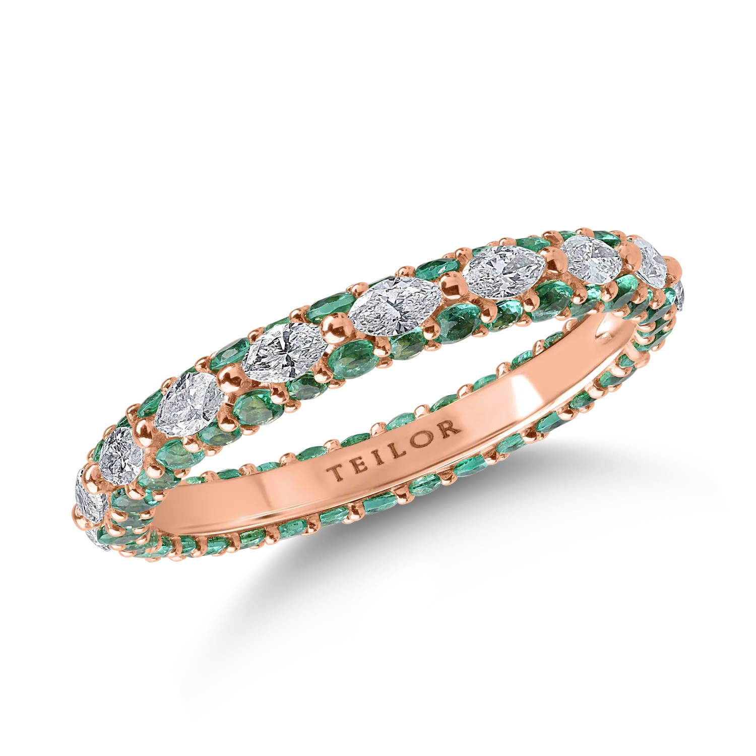 Eternity ring in rose gold with 0.6ct diamonds and 1ct emeralds