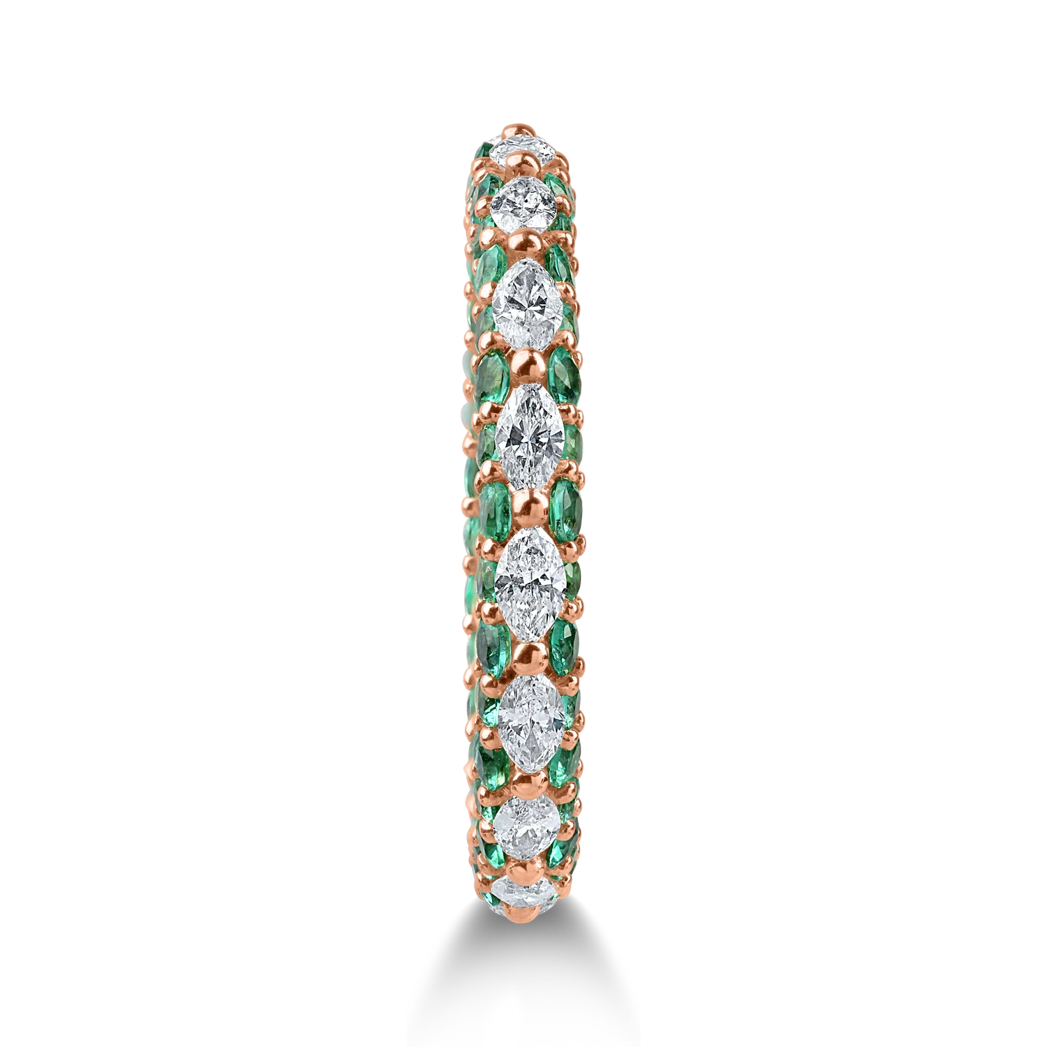 Örökkévalóság gyűrű rózsaszín aranyból 0.66ct gyémántokkal és 1ct smaragddal