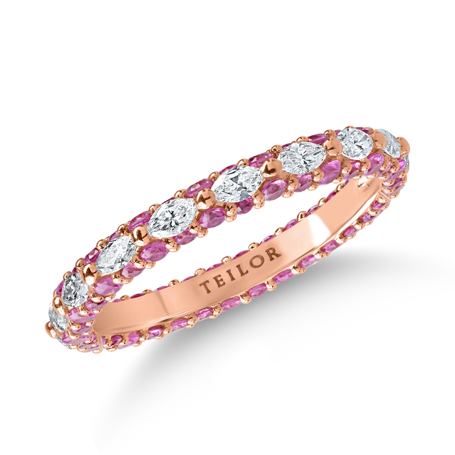 Eternity ring in rose gold with 0.6ct diamonds and 1.3ct pink sapphires