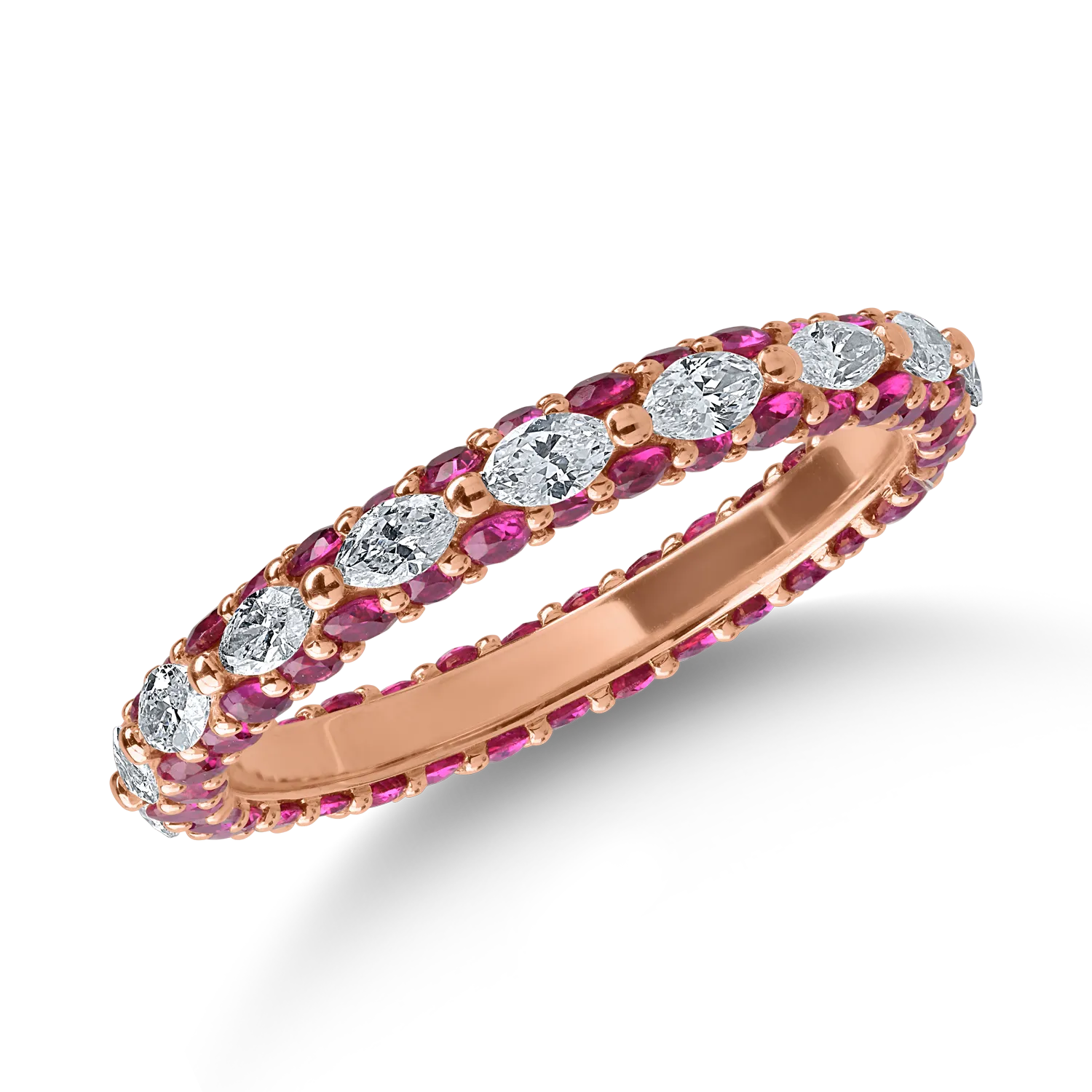 Örökkévalóság gyűrű rózsaszín aranyból 0.6ct gyémántokkal és 1.2ct rubinokkal