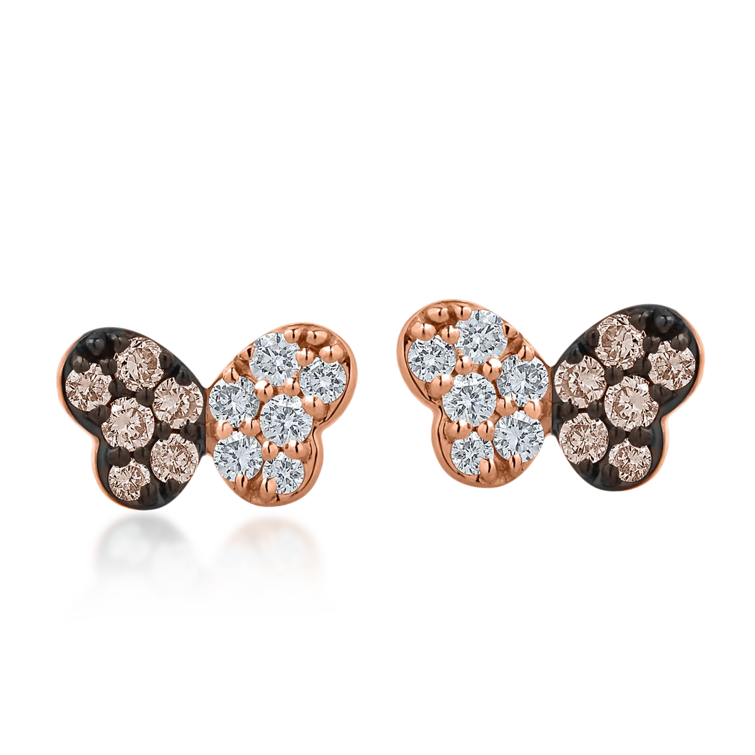 Rose gold butterflies earrings with 0.15ct brown diamonds and 0.14ct clear diamonds