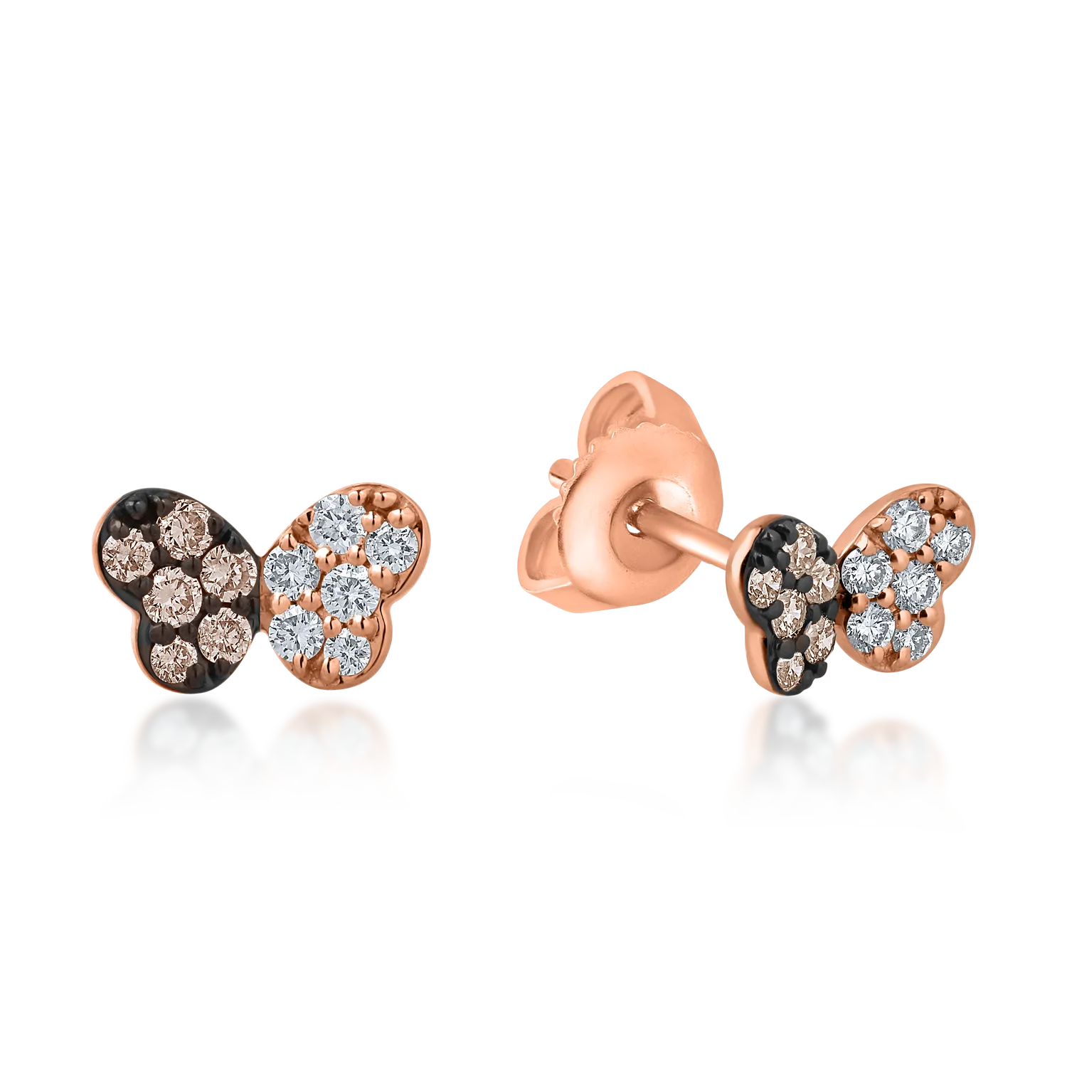 Cercei fluturasi din aur roz cu diamante maro de 0.15ct si diamante incolore de 0.14ct