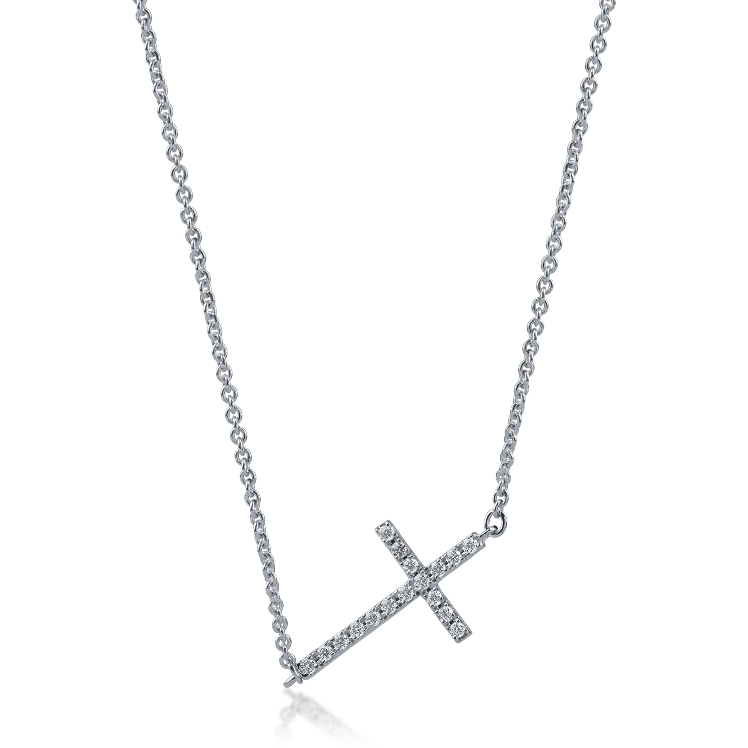 White gold cross chain with 0.14ct diamonds and 0.14ct emeralds