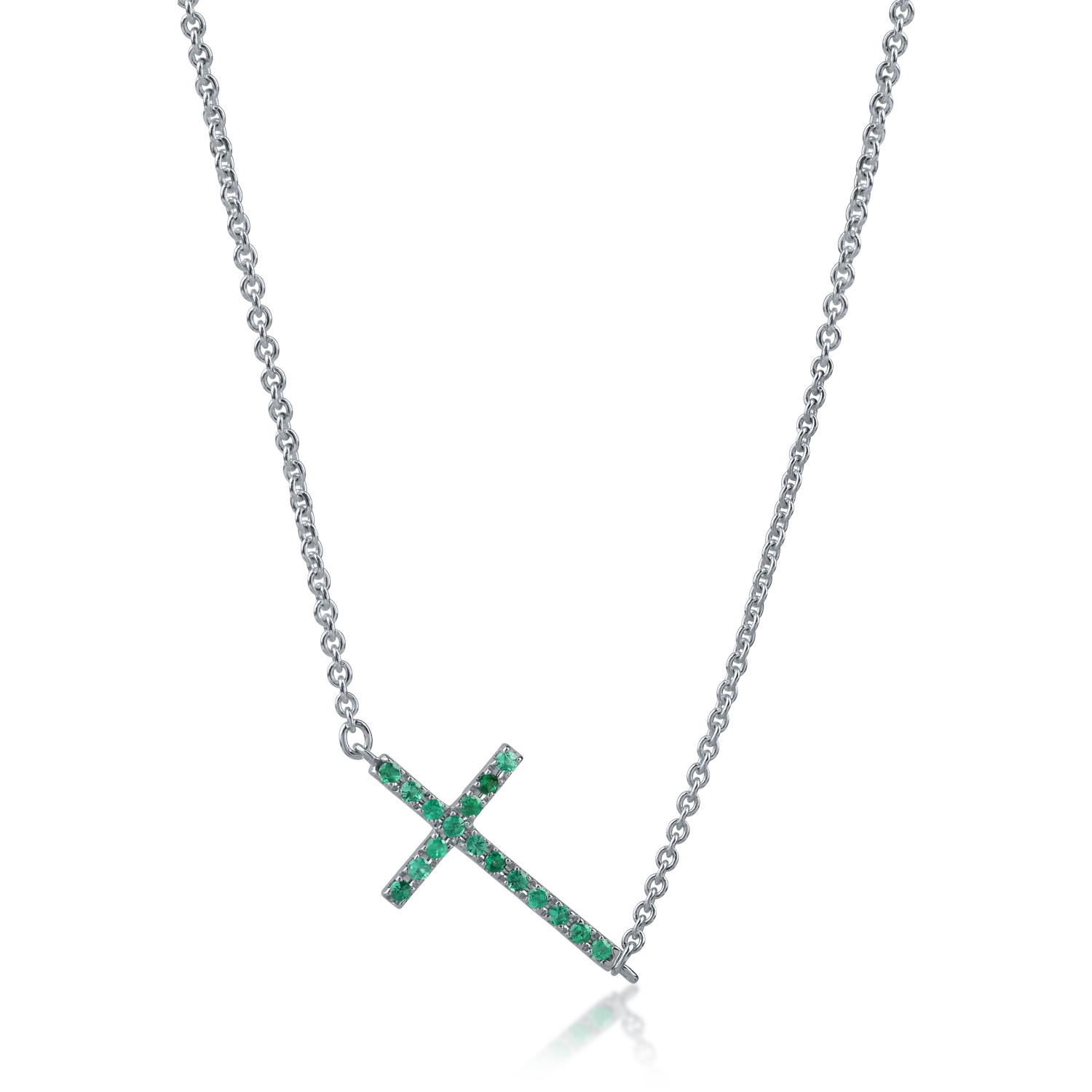 White gold cross chain with 0.14ct diamonds and 0.14ct emeralds
