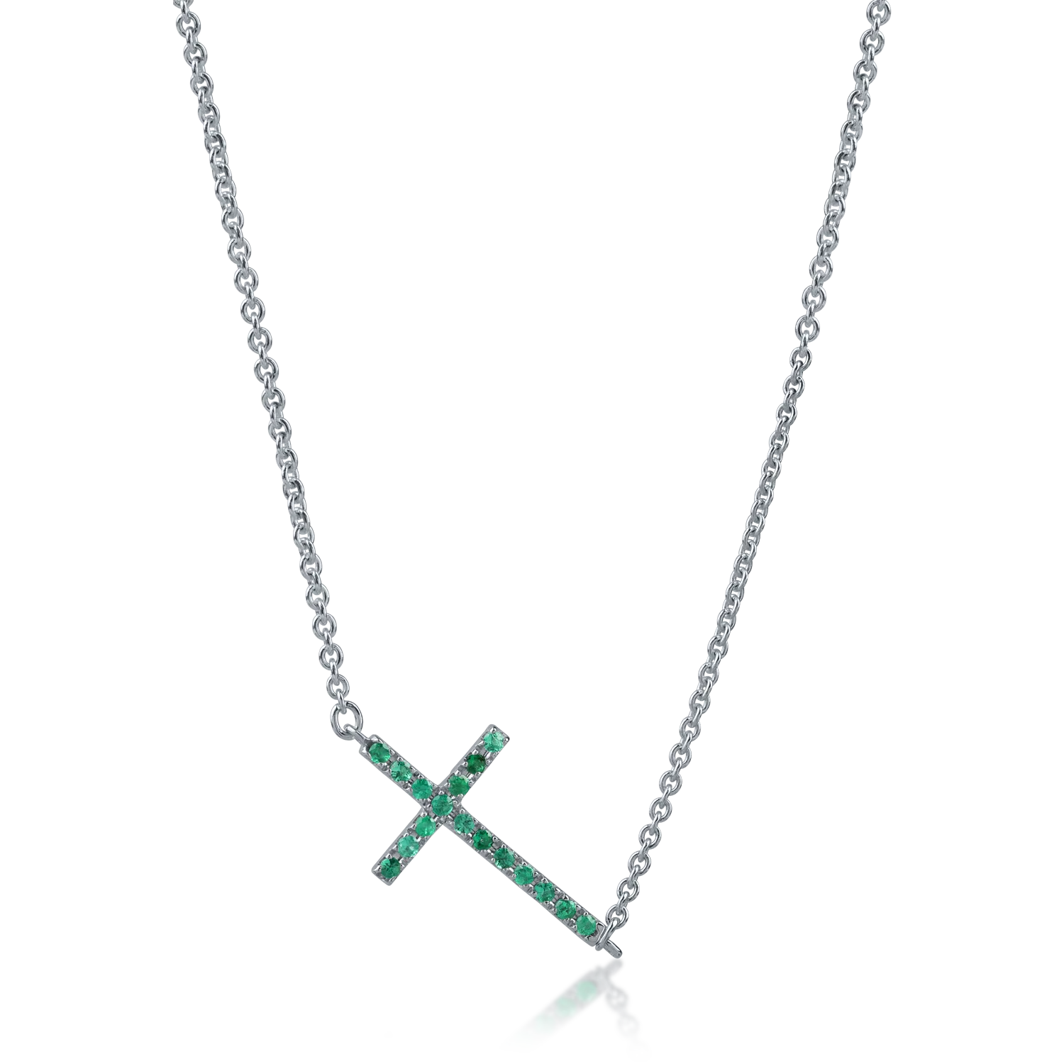 Lant cu cruce din aur alb cu diamante de 0.14ct si smaralde de 0.14ct