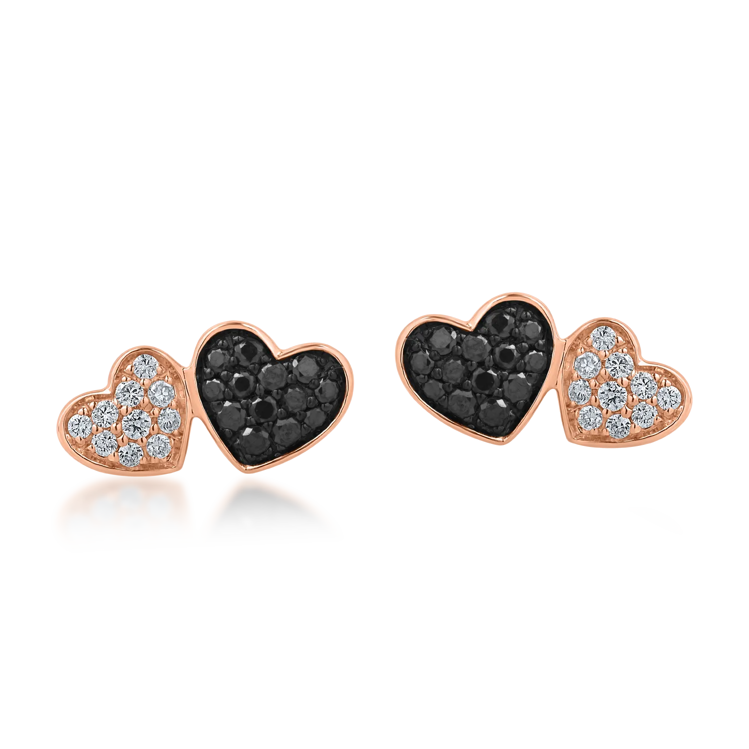 Rose gold heart earrings with 0.13ct black diamonds and 0.07ct clear diamonds